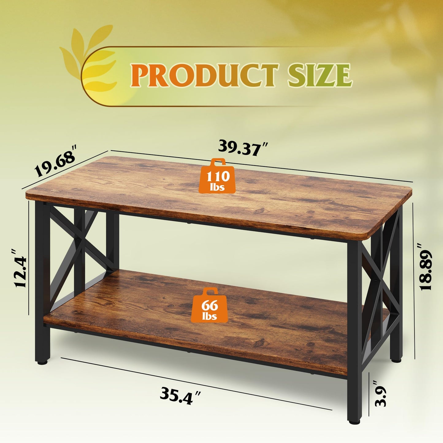 WLIVE Coffee Table for Living Room, 39" Center Table with Round Corners, Storage Shelf, Farmhouse Style Small Coffee Table with Metal Frame, Rustic Brown