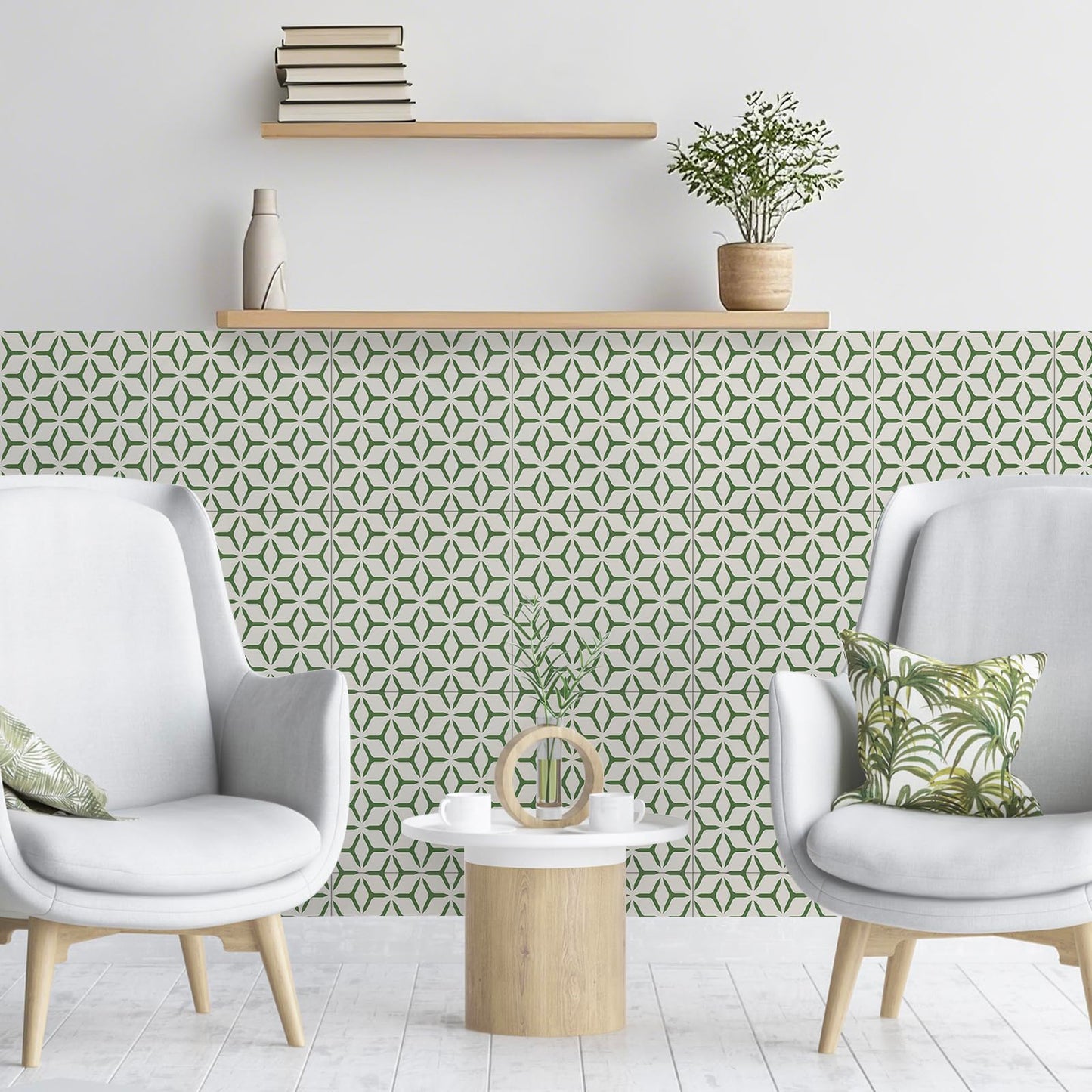 Dureidos Peel and Stick Floor Tile 12"x12", 10Pcs Waterproof Flooring Self-Adhesive Peel and Stick Tile for Bathroom, Kitchen, Geometric Green Pattern(10 sq.ft.)