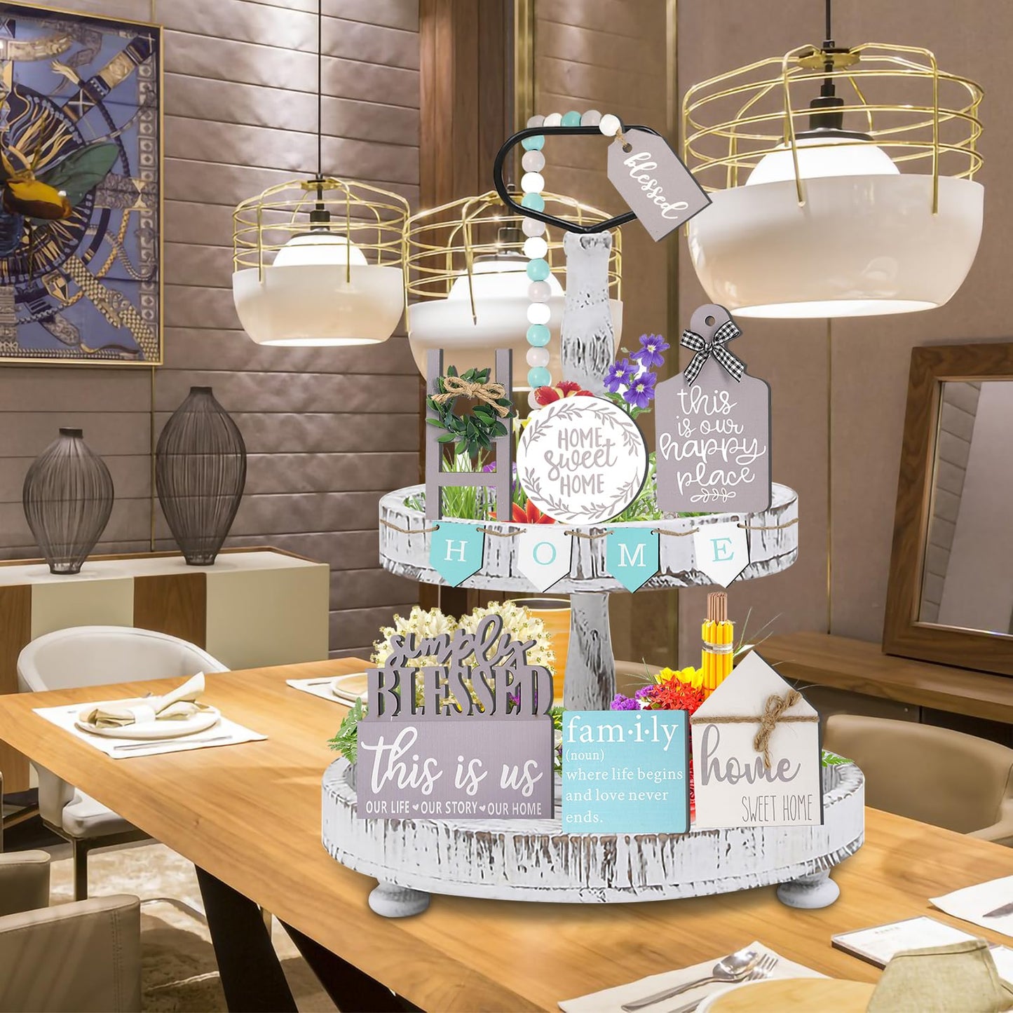 13 Pcs Farmhouse Tiered Tray Decor Set, Kitchen Table Decorations with String Lights, Home Rustic Wooden Signs Decorative for Centerpiece Table Bar Housewarming