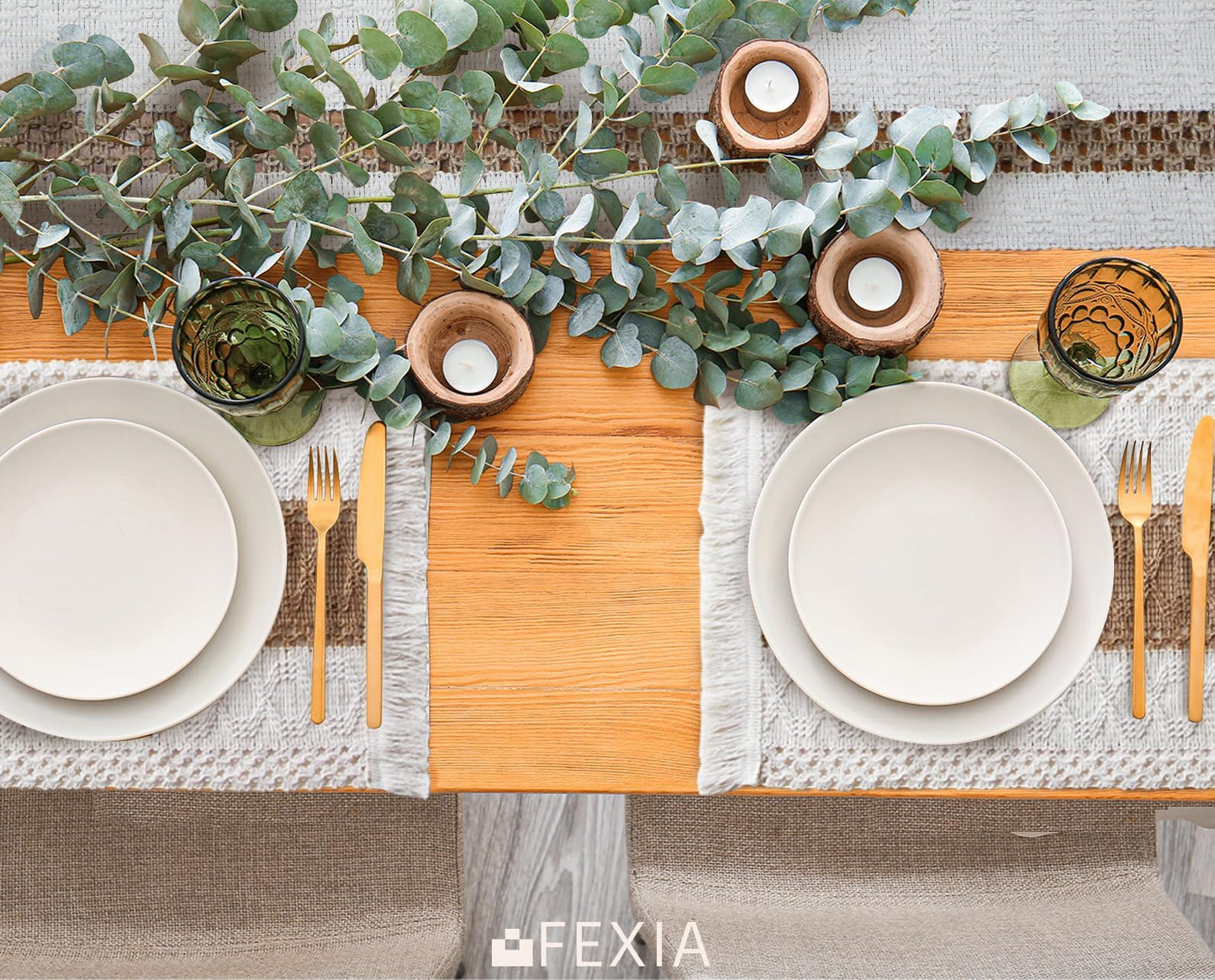 FEXIA Boho Placemats Set of 4, Macrame Table Decor Farmhouse Style Placemats in Natural Cotton Burlap, for Kitchen and Dining Table Centerpiece Home Decorations