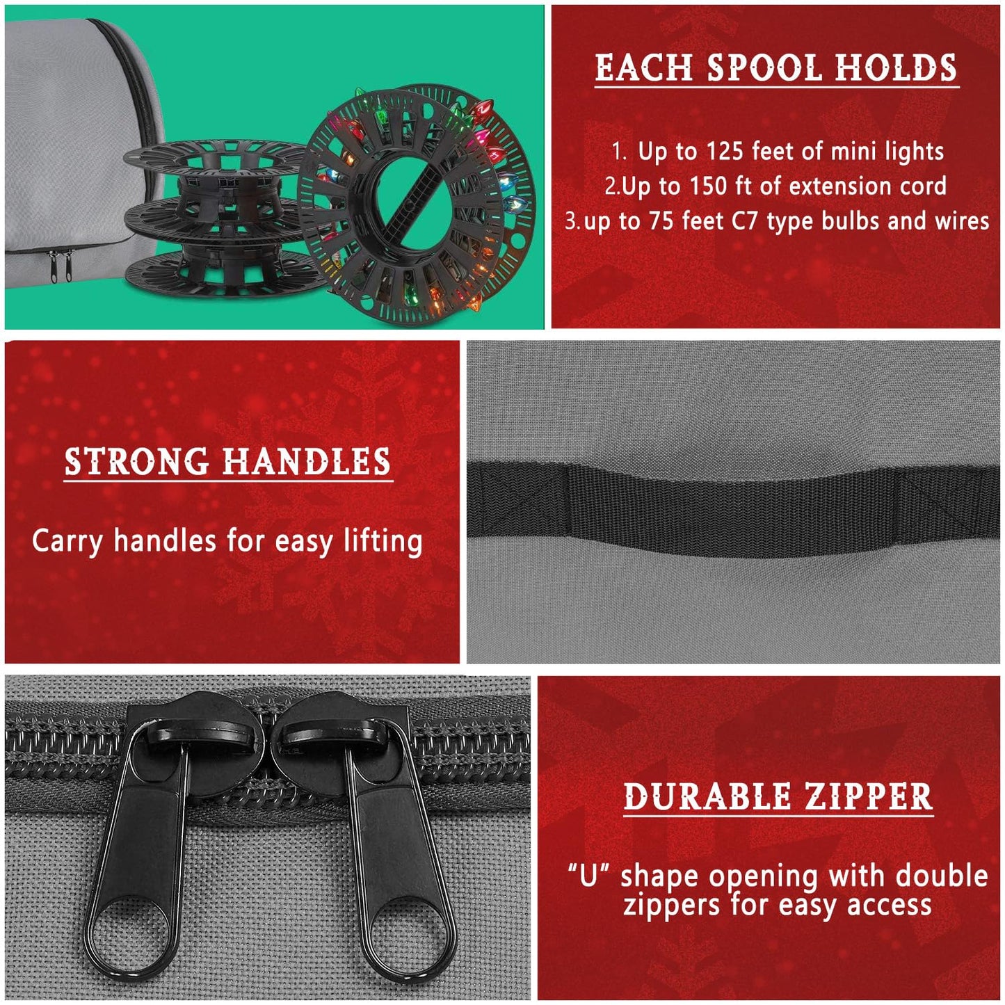 Premium Christmas Light Storage Bag – Heavy-Duty 600D Tear-Proof Material with Reinforced Handles – Includes 3 Reels, Stores up to 375 Ft of Mini Lights & Extension Cords – Grey with PVC Lining