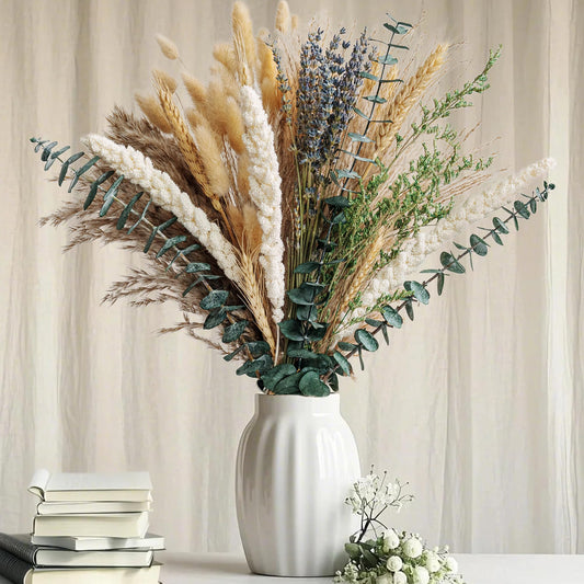 Boho Dried Flower Bouquet – Pampas Grass Bouquet with Lavender, Eucalyptus, Wheat & Bunny Tail – Rustic Dried Floral Arrangement for Olive Green Decor, Farmhouse Flowers, and Wedding Centerpieces