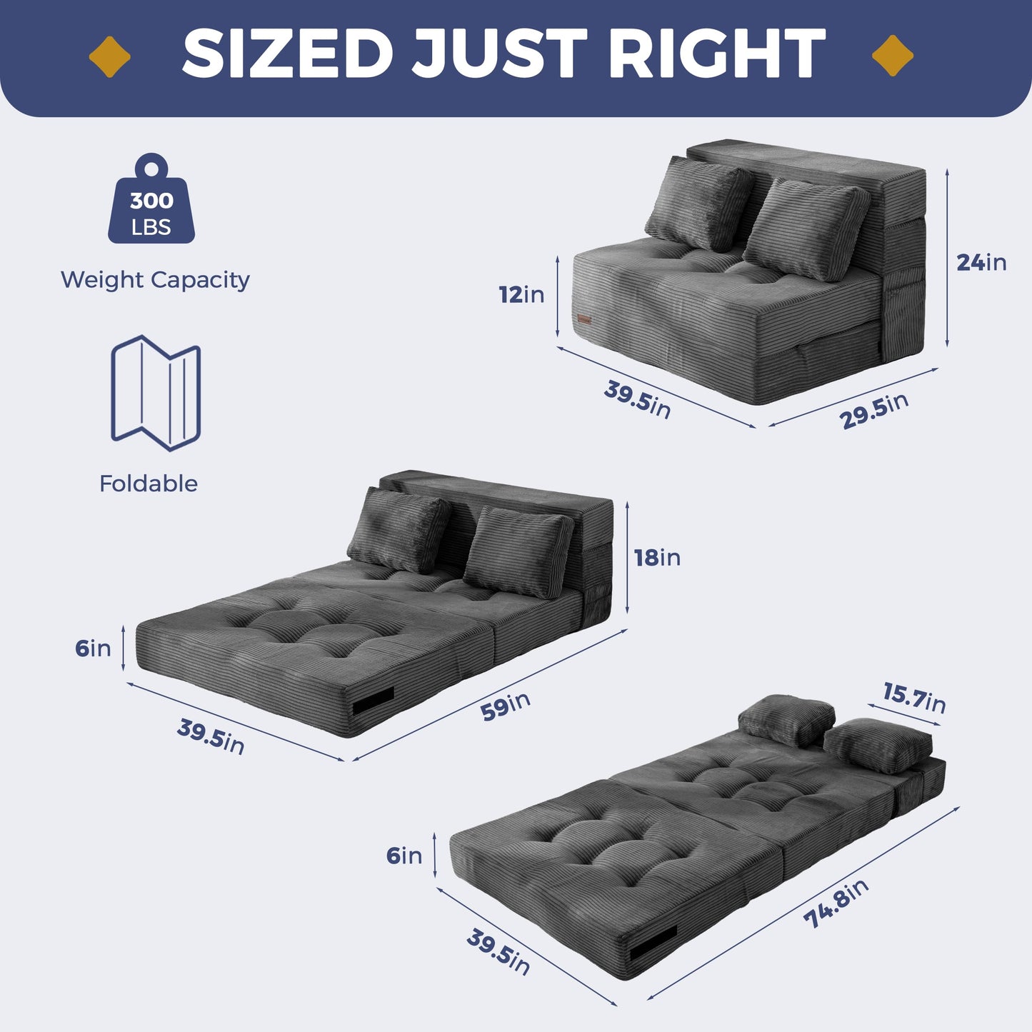 MAXYOYO Convertible Sofa Bed, Fold Out Loveseat Sleeper Sofa with Pillow, 4 in 1 Tufted Folding Couch Bed Foam Floor Couch, Lazy Chair for Living Room Bedroom Guest Room, Dark Grey
