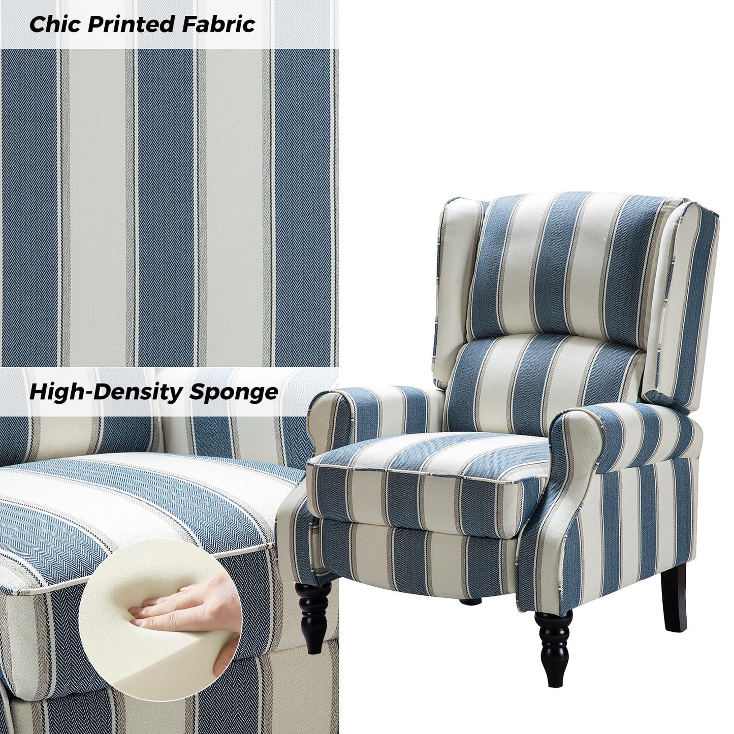 HULALA Home Upholstered Wingback Recliner Chair, Small Adjustable Footrest Push Back Single Reclining Sofa, Mid Century Modern Lounge Armchair for Living Room, Bedroom, Reading/Stripe Navy