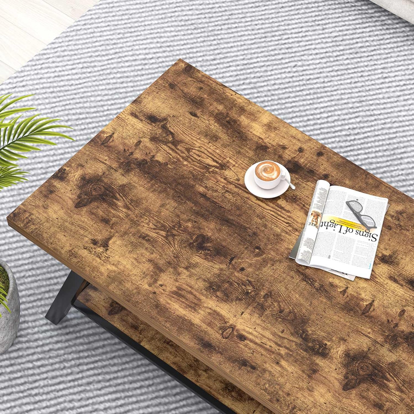 EXCEFUR Modern Coffee Table, Wood and Metal Living Room Center Table with Storage Shelf, Industrial Rectangle Cocktail Tea Table, Rustic Brown, 47 Inch