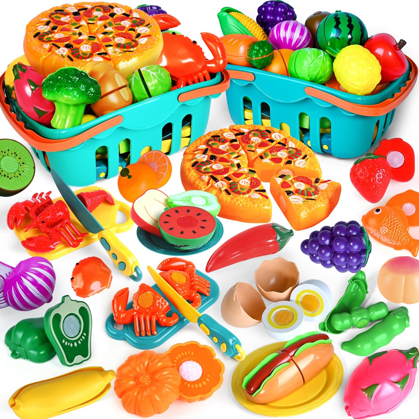 100 PCS Cutting Play Food Toy for Kids Kitchen, Pretend Food Toys for Toddlers, Play Kitchen Toys Accessories with 2 Baskets, Fake Food/Fruit/Vegetable, Birthday Gifts for 3 4 5 Years old Boys Girls