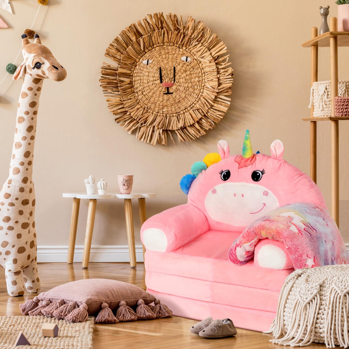 Burbell Toddler Chairs Comfy Unicorn Toddler Couches That Fold Out with Blanket 2-in-1 Kids Fold Out Couch Velvet Child Foldable Convertible Sofa to Lounger for 1-7 Years Old (Pink)