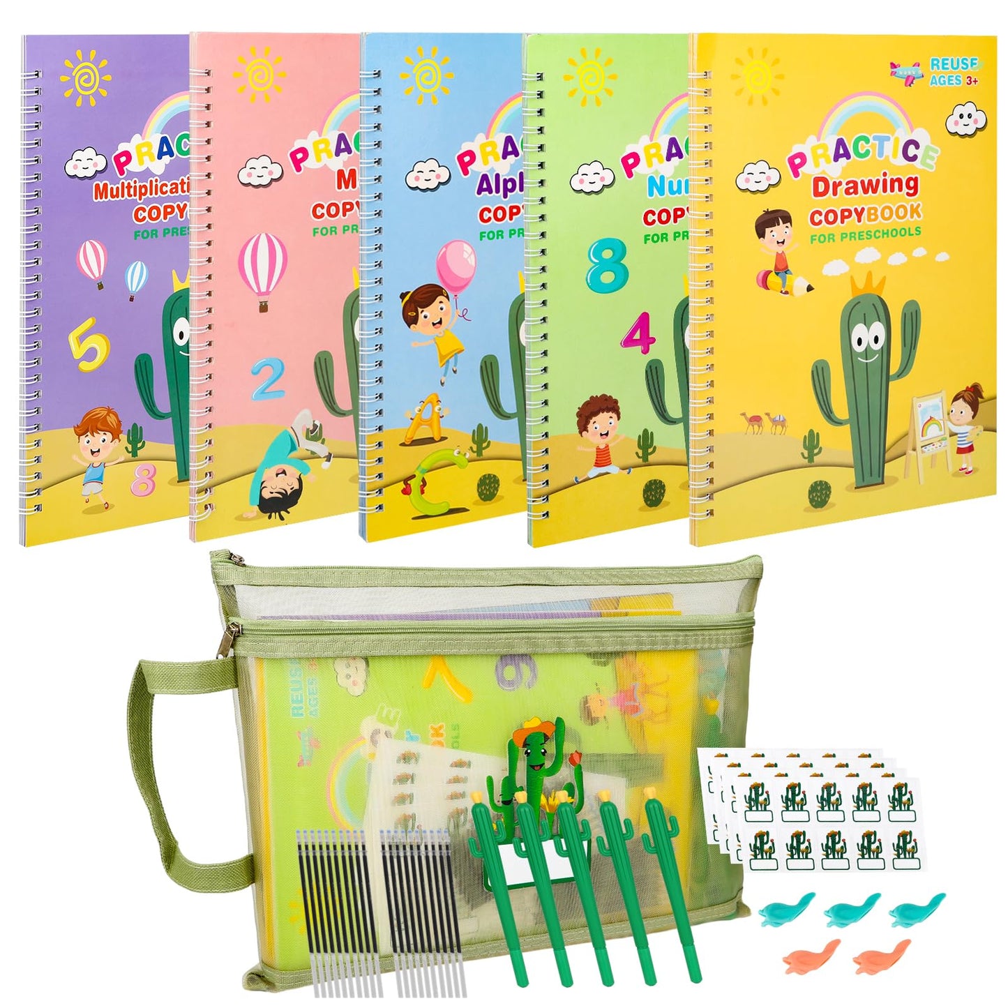 Large Handwriting Practice Books for Kids, Grooved Writing Book Magic Copybooks, Reusable Children's Writing Practice Workbook, Kindergarten Pre-School Essentials(Set of 5 Books)