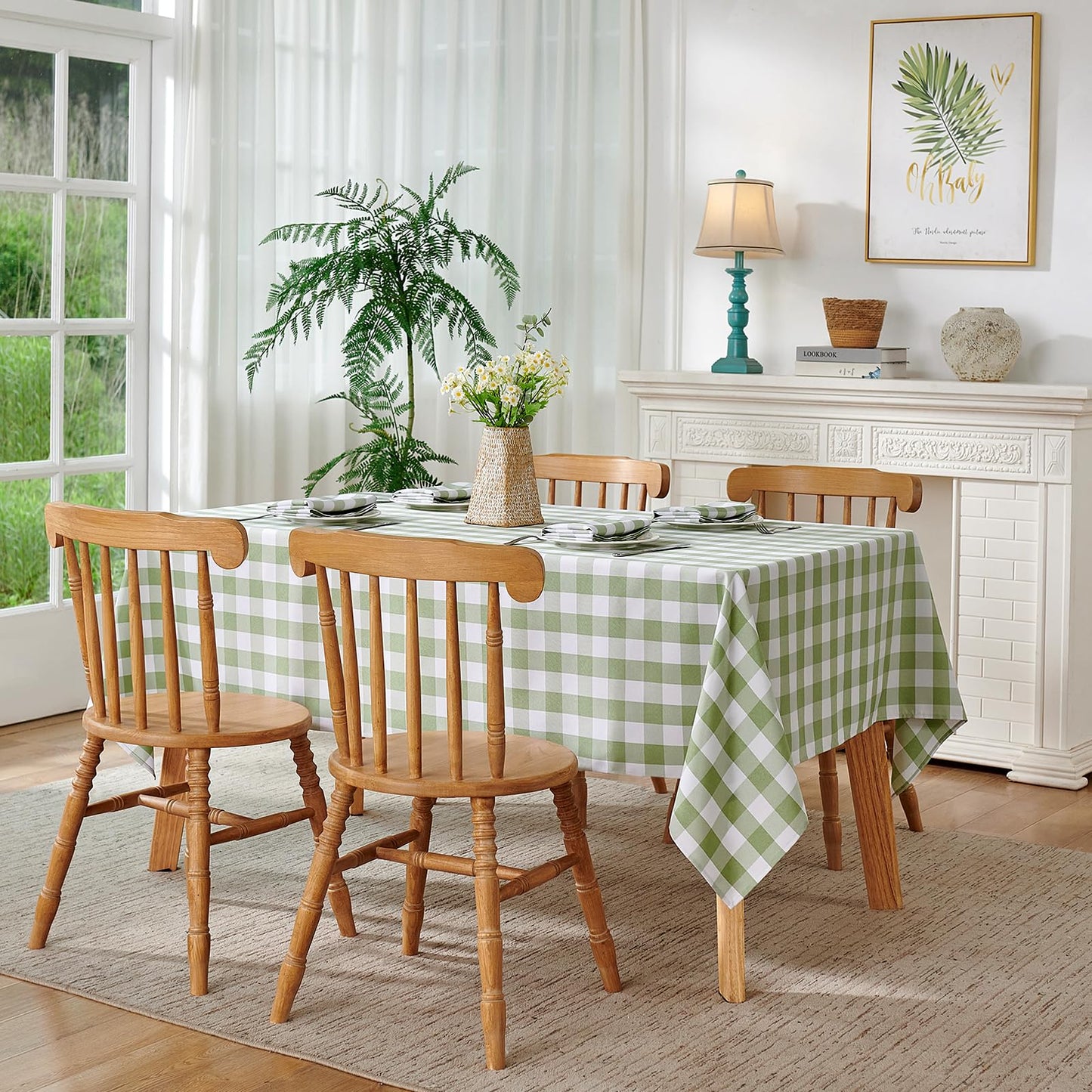 Veblandy Checkered Tablecloth Rectangle Waterproof Gingham Table Cloth Washable Buffalo Plaid Table Cover Wrinkle Free for Kitchen, Dining and Outdoor Picnic, 60 x 102 Inch, Sage Green and White