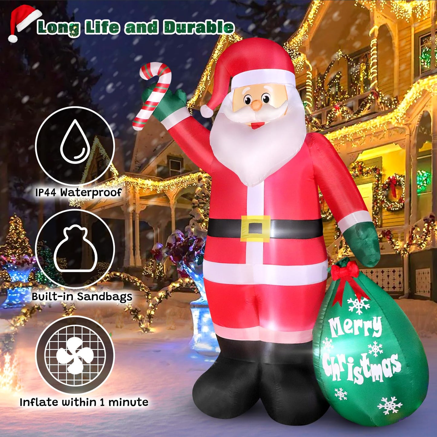 6FT Christmas Inflatable Santa with Candy and Big Gift Bag Outdoor Decorations, Built-in Brilliant Led Lights Blow Up Xmas Yard Decor, Kindly Festival Decor for Yard Lawn Garden Indoor Holiday Party