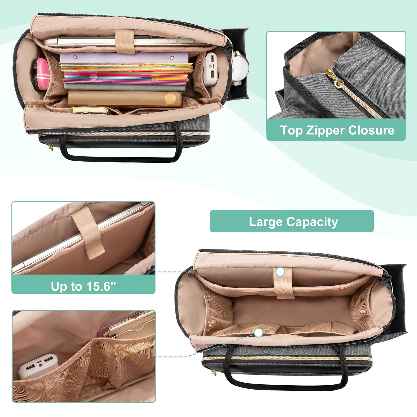 LUXJA Teacher Tote Bag with Accordion File Pocket, Teacher Bag for Women with 15.6 Inch Laptop Compartment, Gray