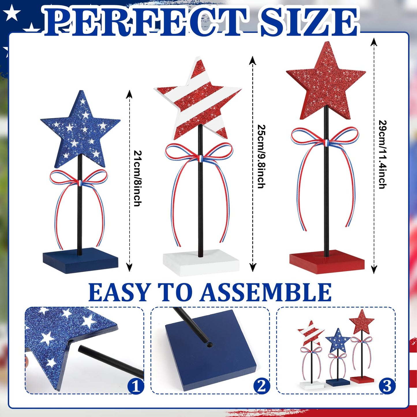 4th of July Tiered Tray Decor Wooden Star Set, 3 Pcs Memorial Day Table Decorations, Rustic Patriotic Tabletop Home Decor, Red White and Blue Decorations for Home (Shiny)