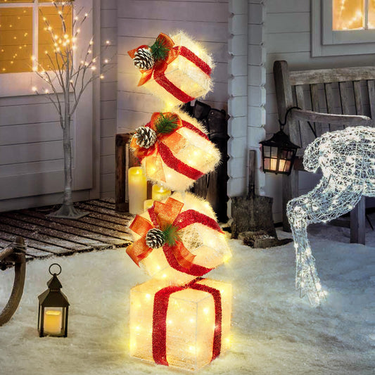 COVFEVER Christmas Lighted Gift Boxes Decorations Set of 4, 2.8Ft Stackable Christmas Nesting Boxes Battery Operated for Home and Party Decoration (8"-6"-5"-4", Red Bow)