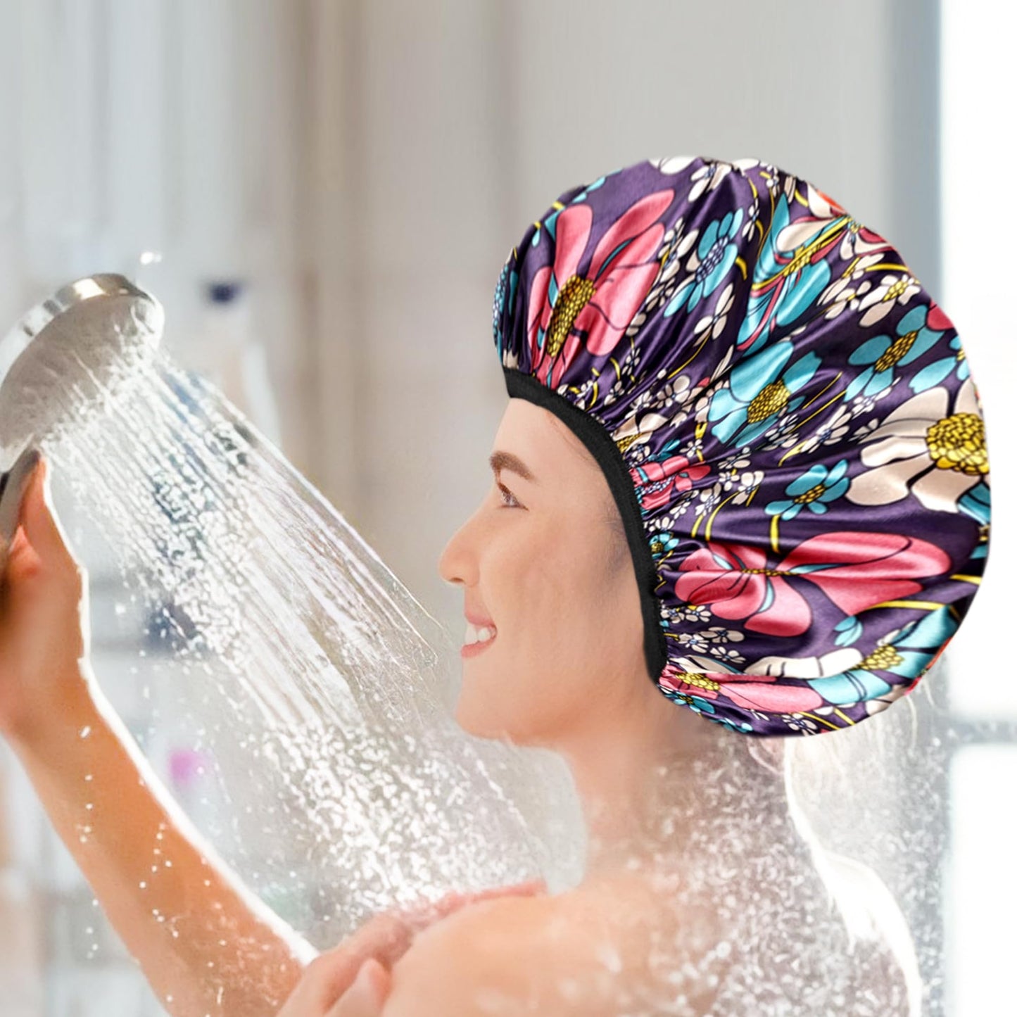 Shower Caps for Women, 2 PCS 3 Layers Terry Lined Shower Cap + 2 Satin Scrunchies, Waterproof Terry Cloth Bath Caps Elastic and Reusable Hair Cap for Shower - (Black+Flower B)