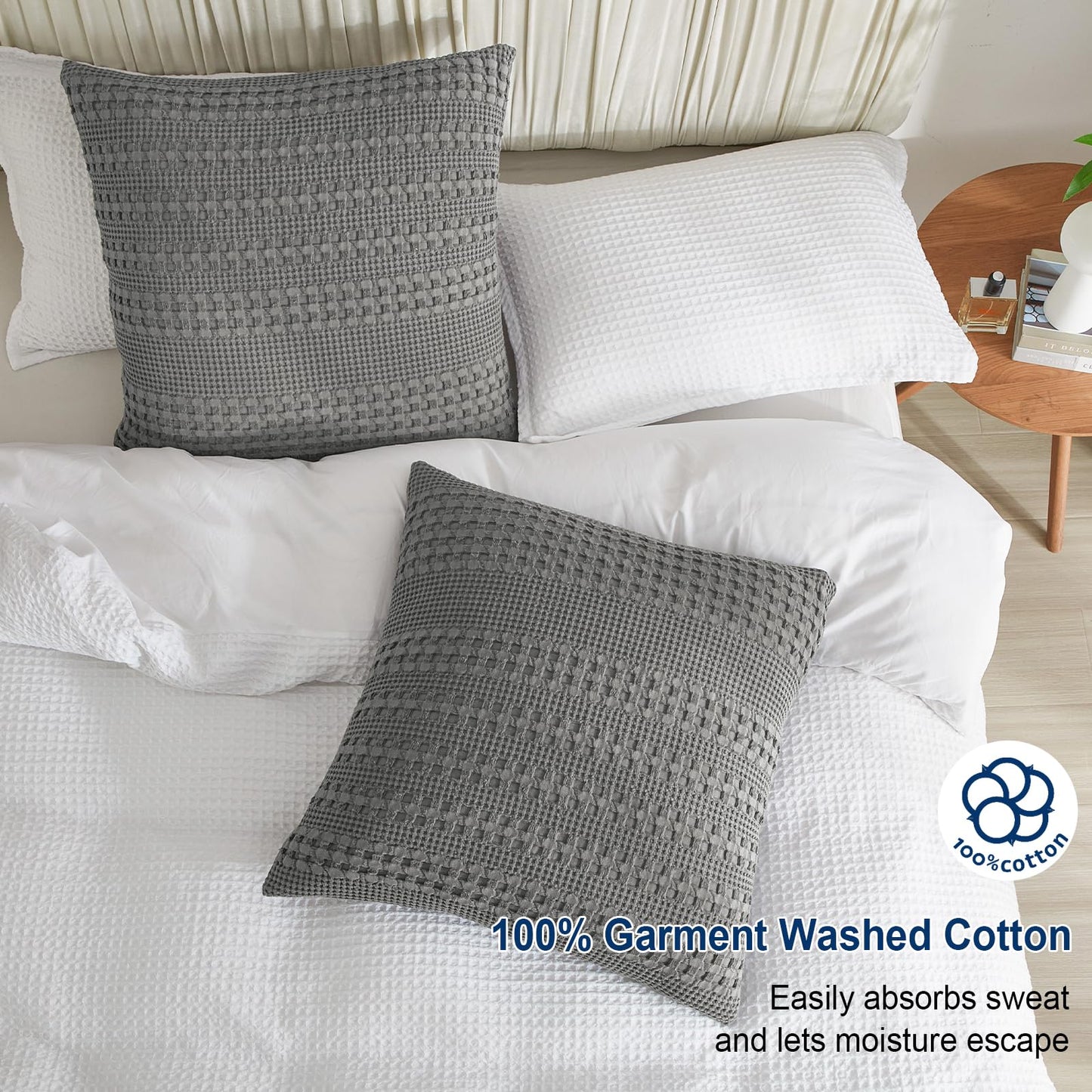 PHF 100% Cotton Waffle Weave Euro Sham Covers, 2 Pack 26" x 26" Bed Pillow Covers for Elegant Home Decor, No Filling, Luxury Aesthetic Soft Euro Pillow Cases for Bed, Dark Grey