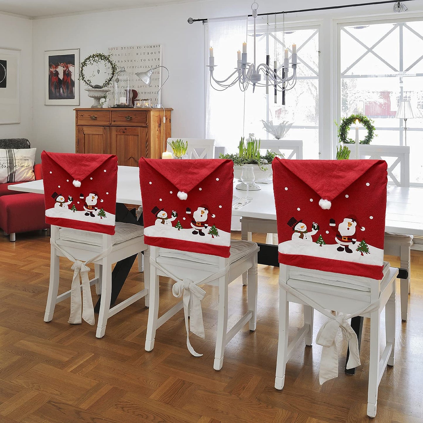 Phedrew 6Pcs Christmas Chair Covers Xmas Dining Chair Slipcovers Santa Hat Chair Back Covers for Christmas Banquet Holiday Festival Decor