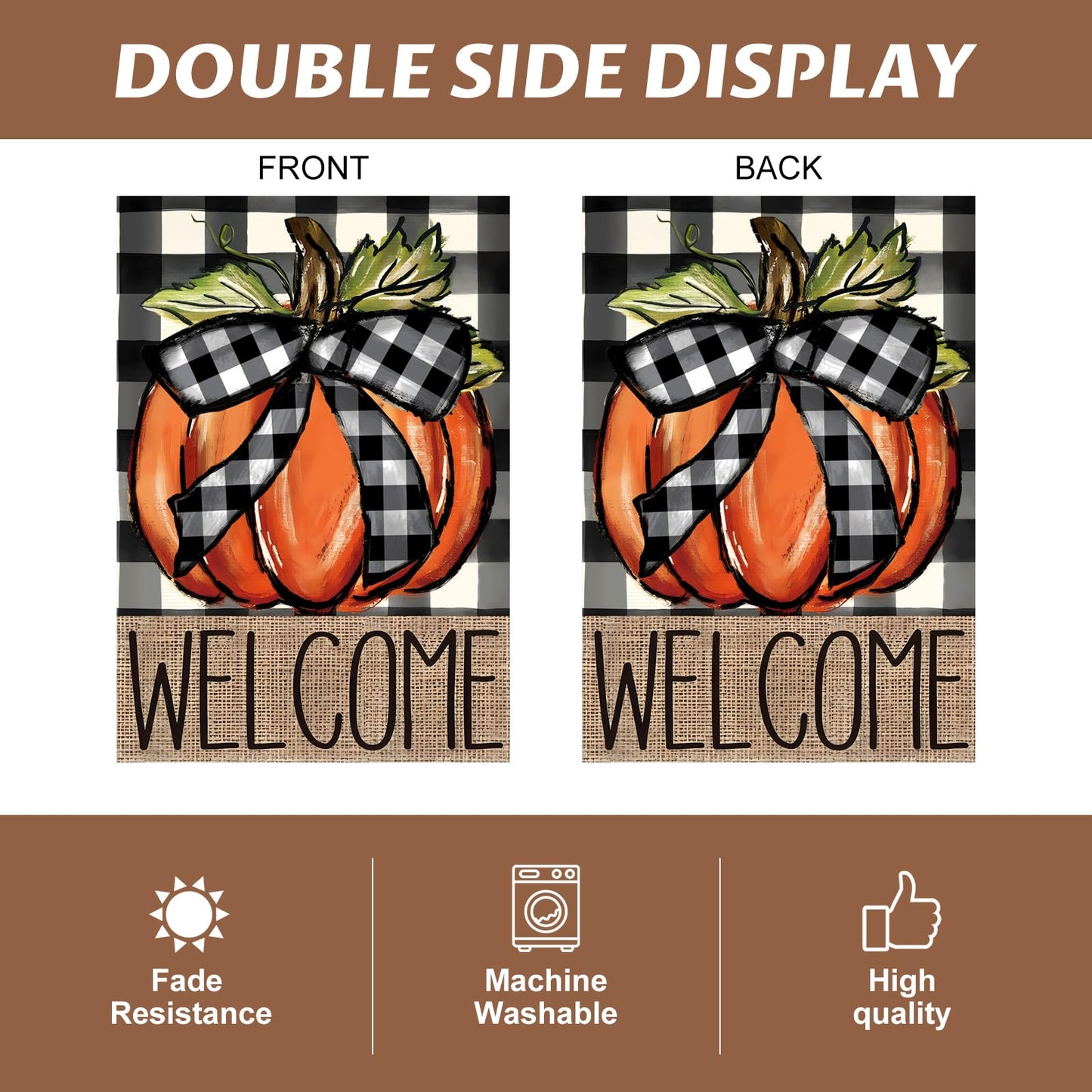 CJYGEGE Fall Pumpkin Welcome Fall Garden Flag for Outside 12x18 Inch, Double Sided Buffalo Plaid Autumn Garden Flags - Thanksgiving Harvest Decoration Burlap Yard Flag for Outdoor Holiday Festivities