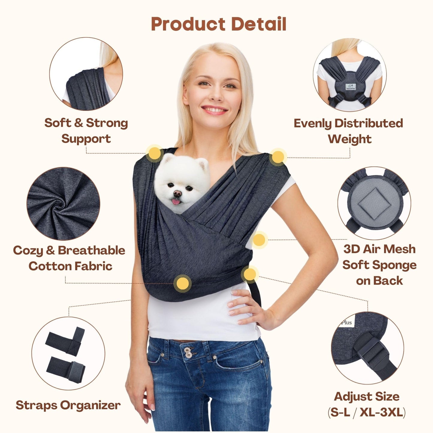 AnccoPlus Dog Carrier for Small Dogs, Front Facing Dog Carrier Sling, Hands Free Cat Sling, Size Adjustable, Reducing Back Pain, Soft Cotton, Premium Dog Sling Carrier (Regular, Charcoal Black)