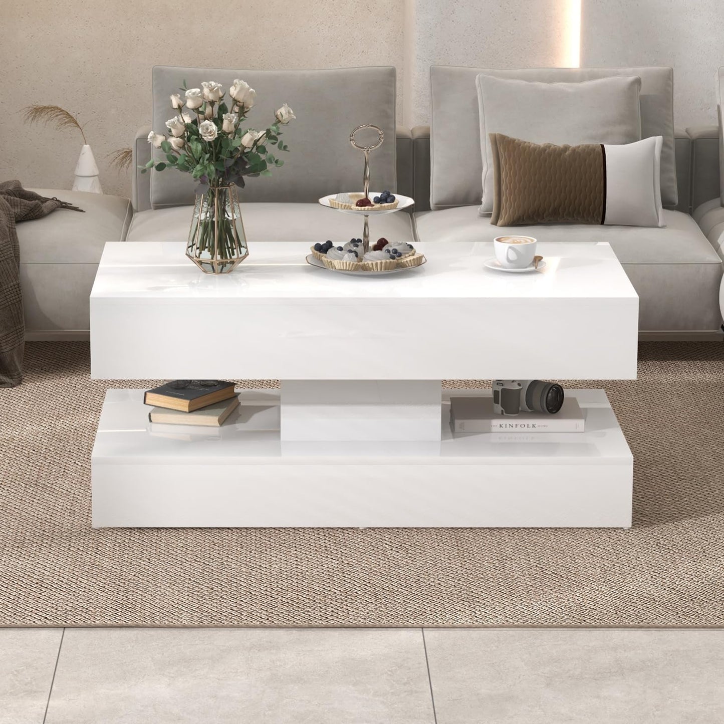 OC Orange-Casual LED Coffee Table with Storage, High Glossy Center Table with 2 Sliding Drawers, Modern Stylish Rectangle Coffee Table Double Layer with Open Display Shelf for Living Room (White)