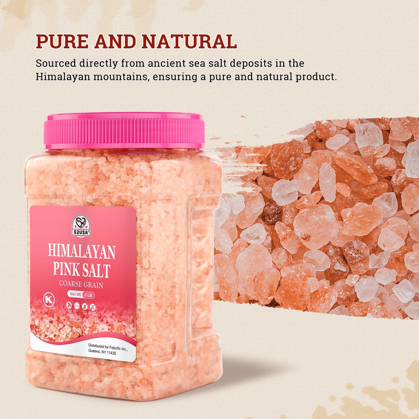 52USA Himalayan Pink Salt for Grinder Refill, 80oz (5 Pound), Non-GMO, Himalayan Coarse Salt, 80+ Minerals and Electrolytes, Pink Himalayan Sea Salt, Unrefined Rock Salts, Kosher & Natural Certified