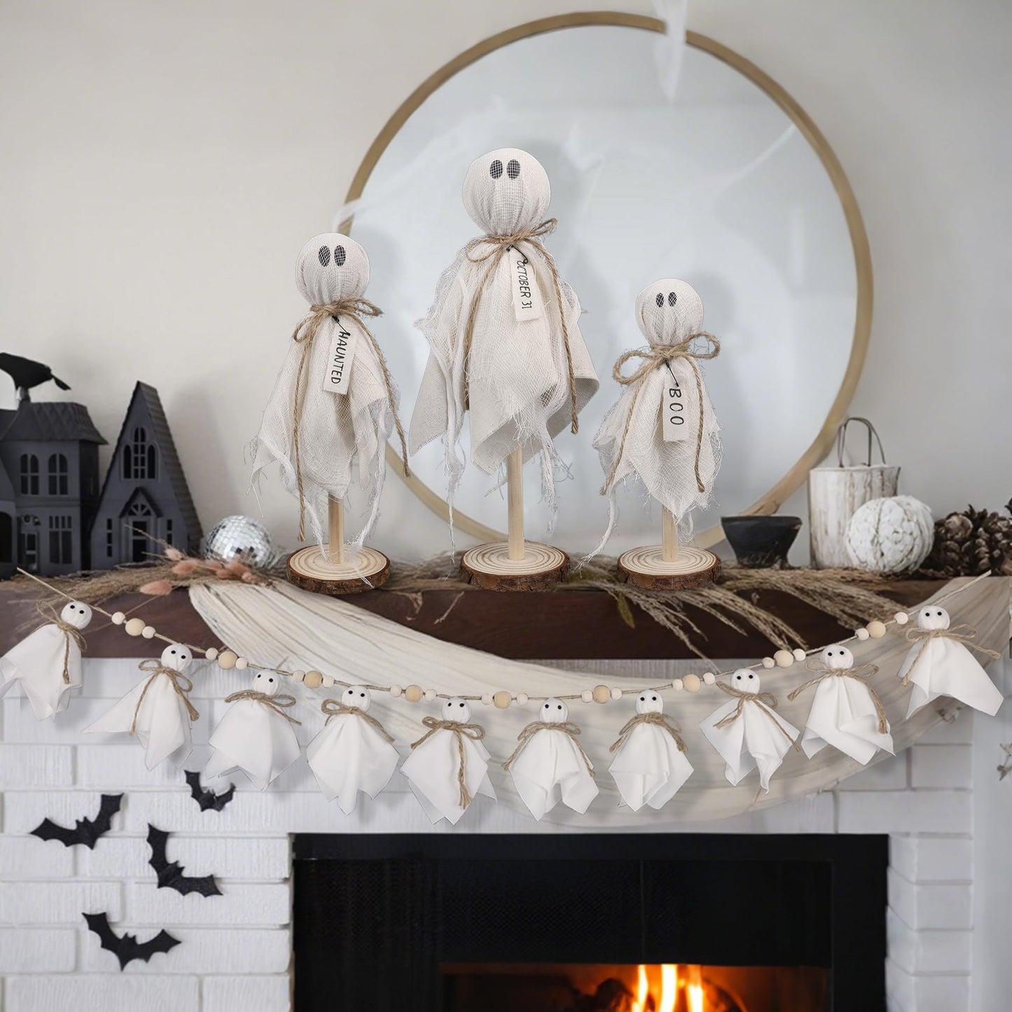 DR.DUDU 3 Pack Halloween Ghost Decor - Primitive Wooden Ghost Kit for Table Centerpiece Indoor Decorations, Spooky Cute Ghosts for Farmhouse Shelf Mantel Kitchen Home & Office Decor