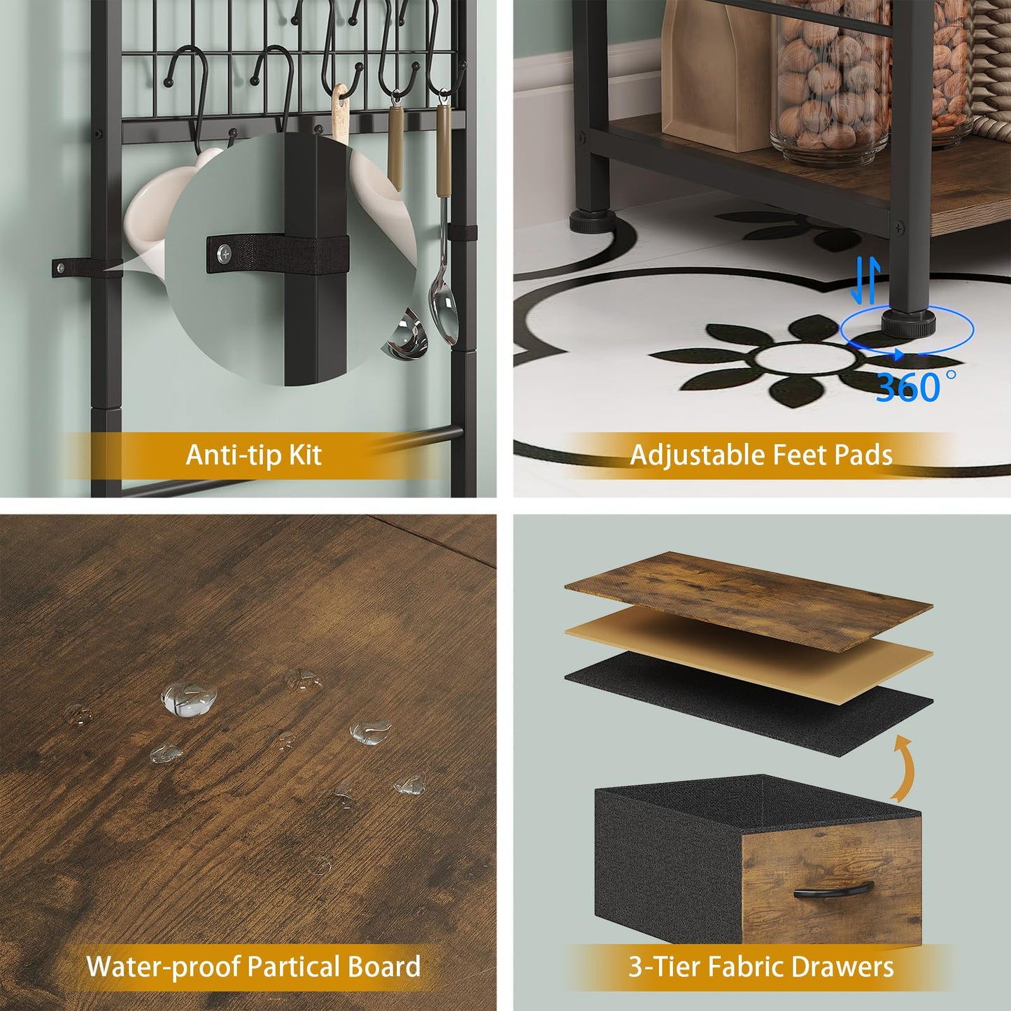 GiftGo Small Coffee Bar Station Narrow Corner Baker Rack Stand with 2 Storage Fabric Drawers 5 S Hooks for Small Spaces Farmhouse Bakers Rack for Kitchen, Entryway, Living Room (Brown, Narrow)