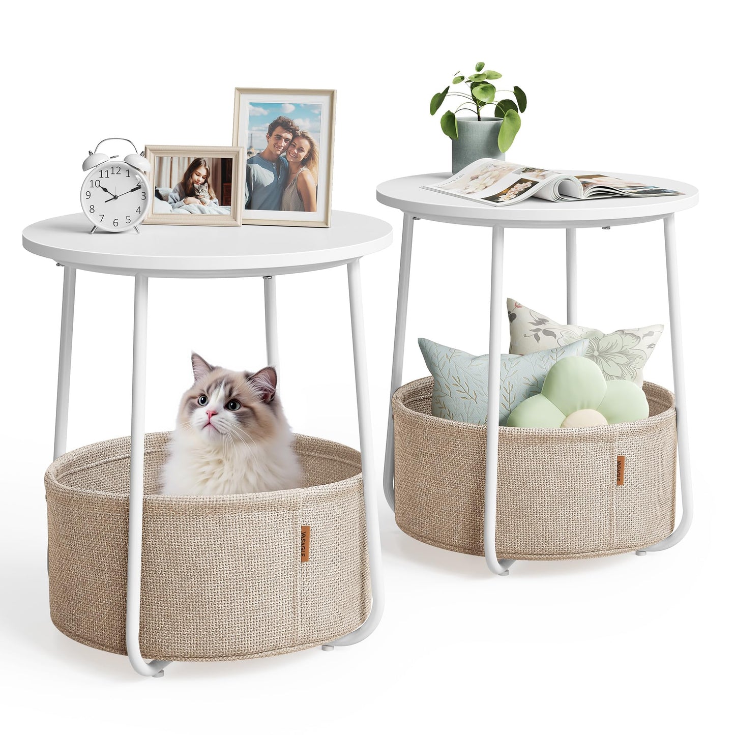 VASAGLE Nightstands, Set of 2 Small Round Side Tables with Fabric Basket, Bedside End Tables, for Bedroom, Matte White and Camel Brown ULCT665W01