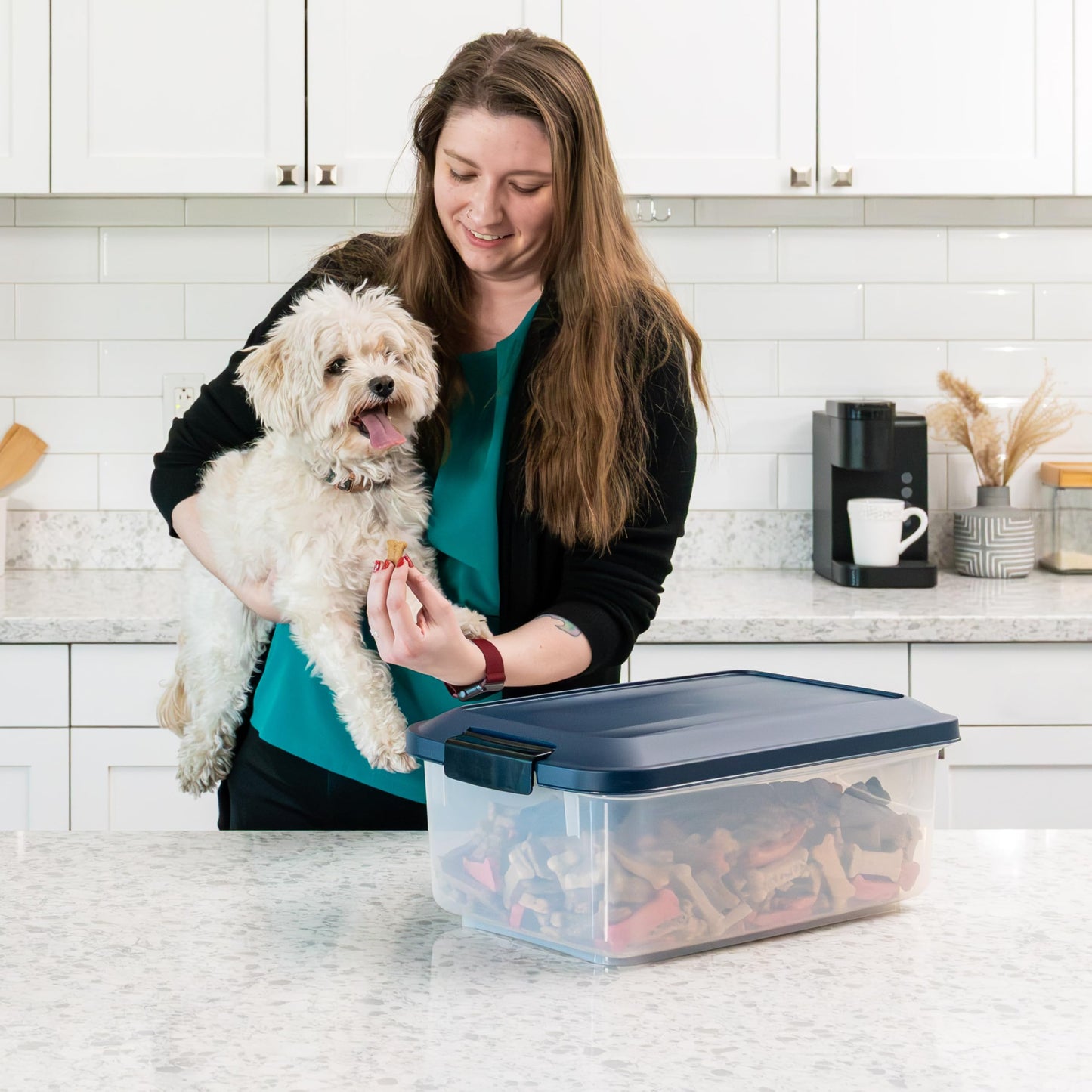 IRIS USA WeatherPro Airtight Pet Food Storage Container, Up to 14 lbs, Dog Cat Bird and Other Pet Food Storage Bin Keep Pests Out Translucent Body BPA Free Stackable, 2 Pack, Navy