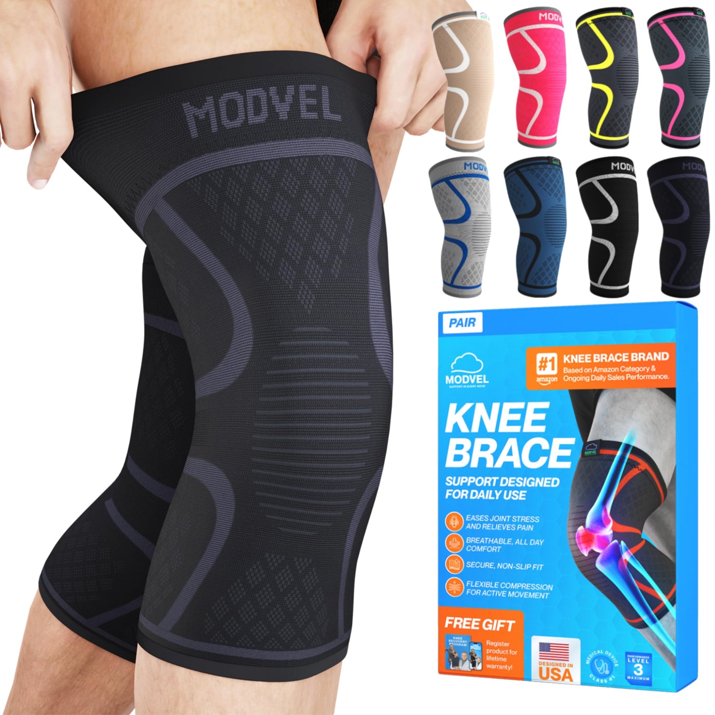Modvel 2 Pack Knee Brace for Women & Men - Workout Knees Compression Sleeve for Knee Pain Relief Joint Support for ACL, Arthritis, Meniscus Tear Knees Brace for Sports, Rodilleras para Gym Fitness