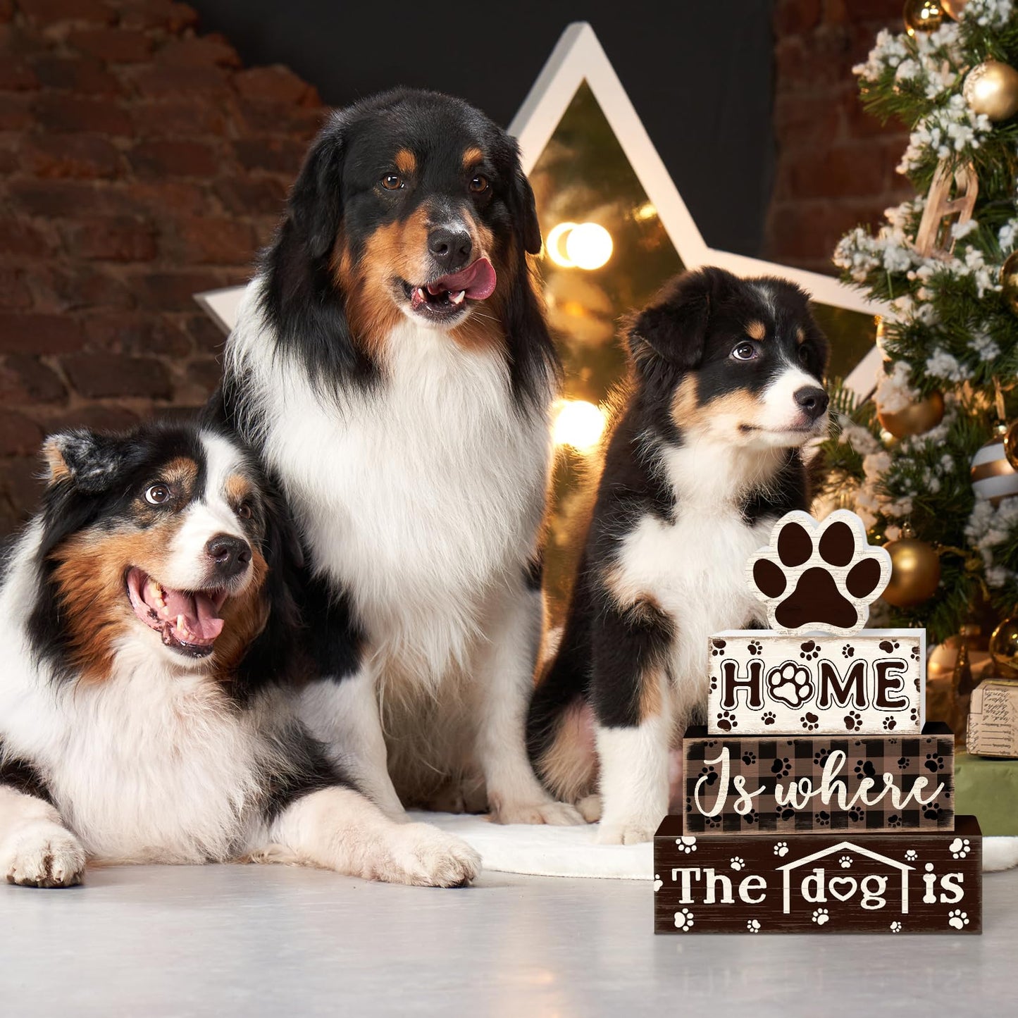 TOMPOP 4 Pcs Farmhouse Dog Wooden Tiered Tray Decor Set, Rustic Home Dog Wood Table Decor Dog Paw Distressed Stack Block Signs Tabletop Centerpieces for Home Desk Kitchen Shelf Mantle Decorations