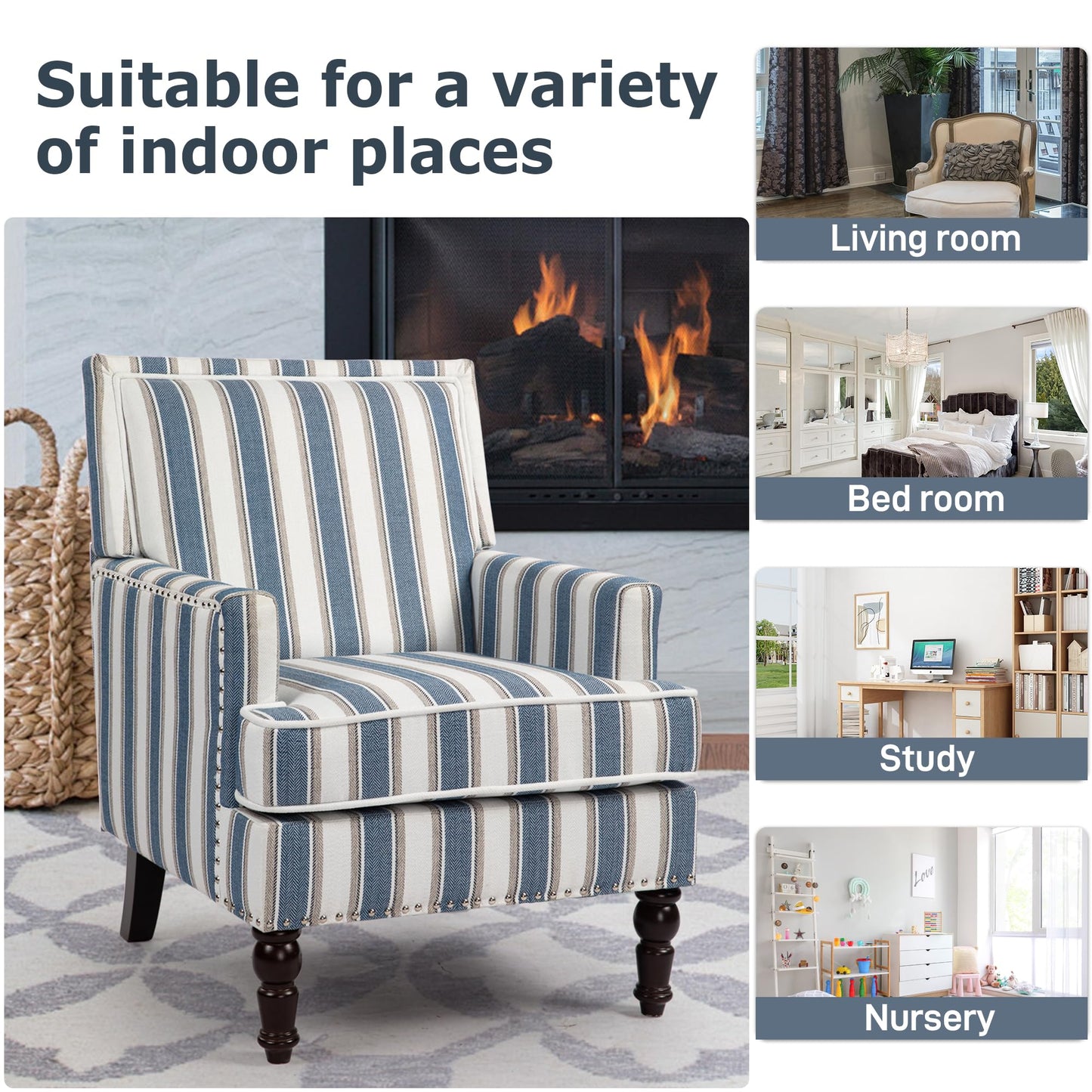 WakeZero Accent Chair, Modern Comfy Mid-Century Accent Chairs Upholstered Lounge Armchair with Solid Wood Frame for Living Room/Bedroom-Blue Stripe