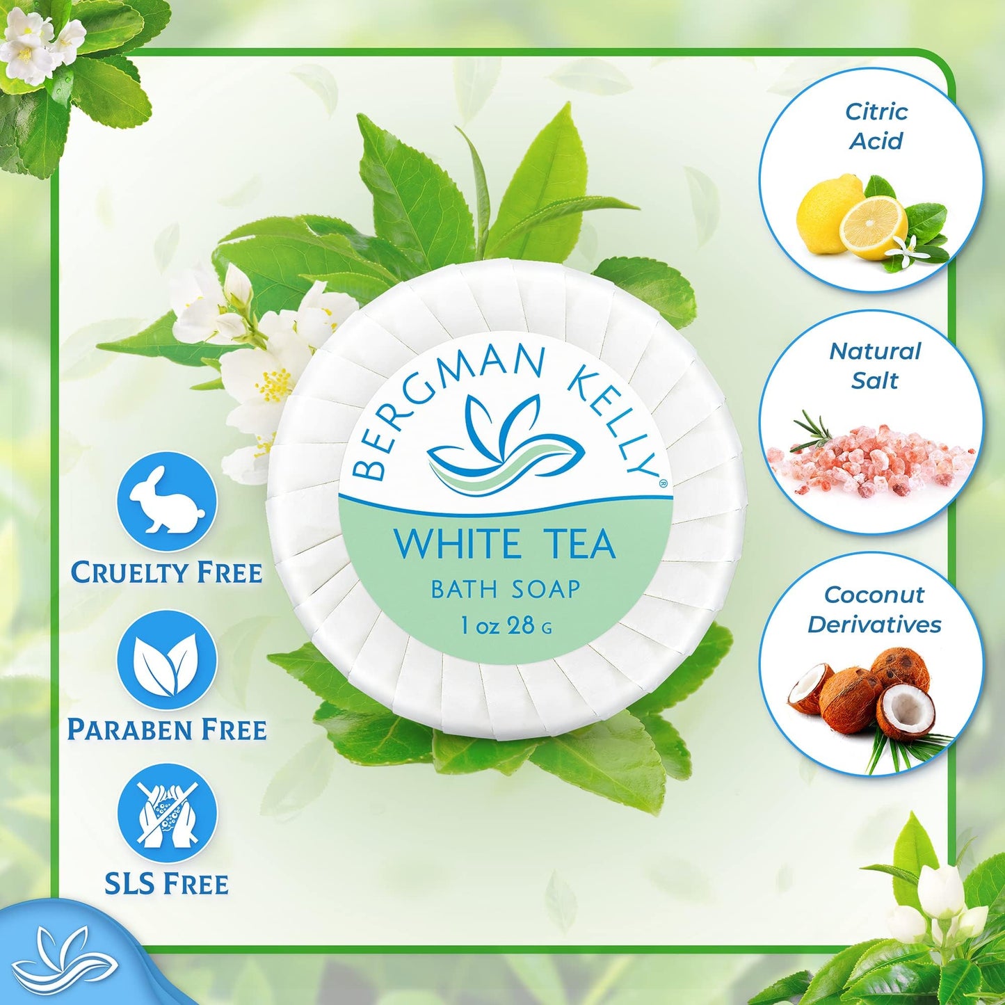 BERGMAN KELLY - Hotel Soap Bars - White Tea, 1 oz, 200 PK - Travel Size Luxury Bulk Amenities Bar Soap, Mini Individually Wrapped Round Soap - Small Toiletries for Airbnb, Motel, Guest Bathroom