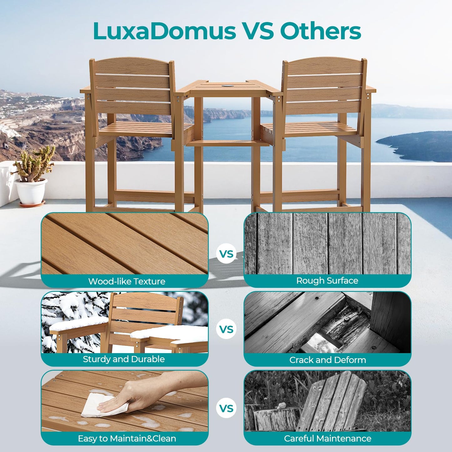 LuxaDomus Tall Adirondack Chairs Set of 2, Outdoor HDPS Adirondack Chair with Removable Tray, Balcony Chairs with Umbrella Hole, Weather Resistance Tall Patio Chairs for Deck Patio Pool Lawn, Teak