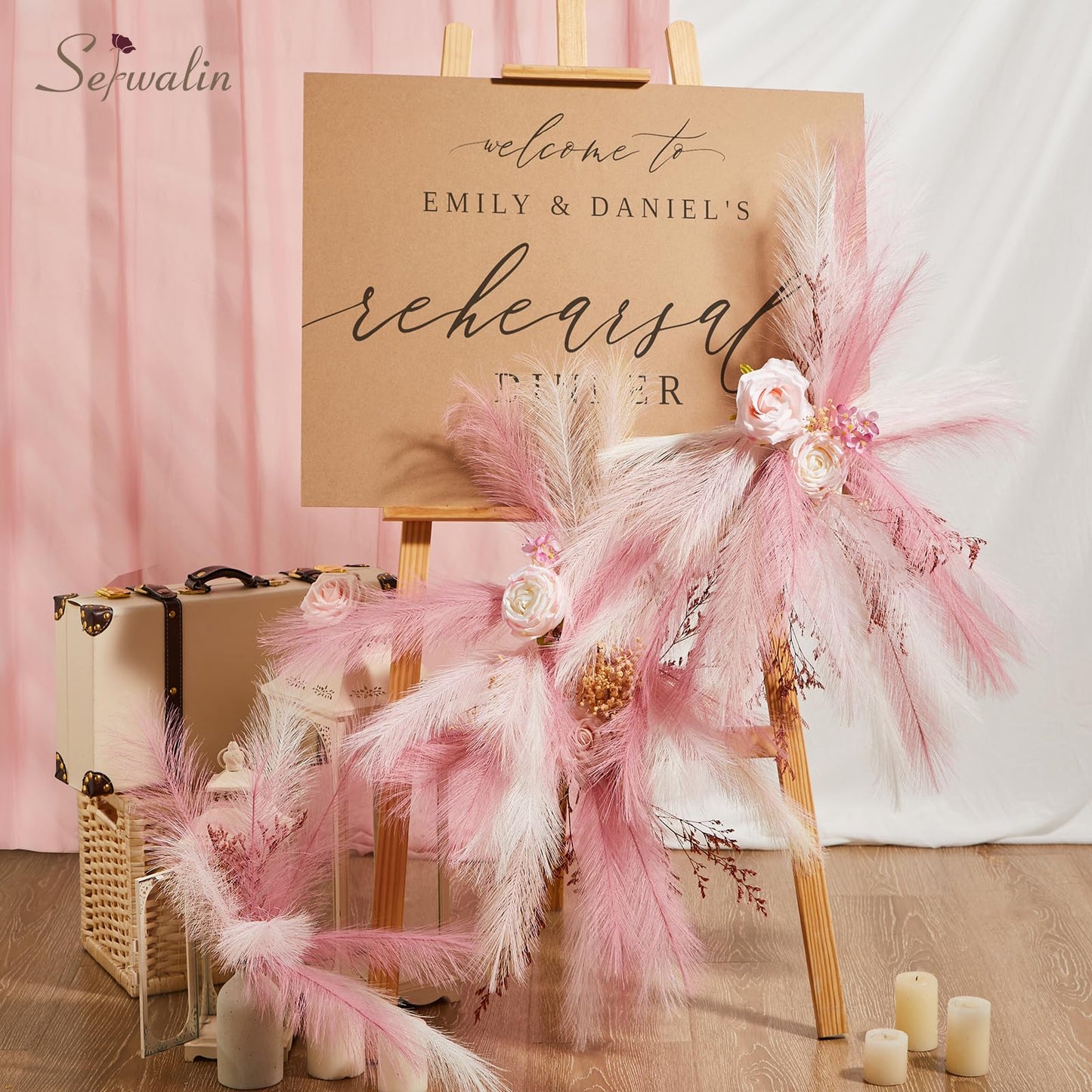 Serwalin 60 Pcs Pink Pampas Grass Decor, 17.7" Faux Pampas Grass, Short Artificial Fluffy Pompas Grass Vase Filler Flower Arrangement for Boho Home Wedding Living Room Wall Party Decoration