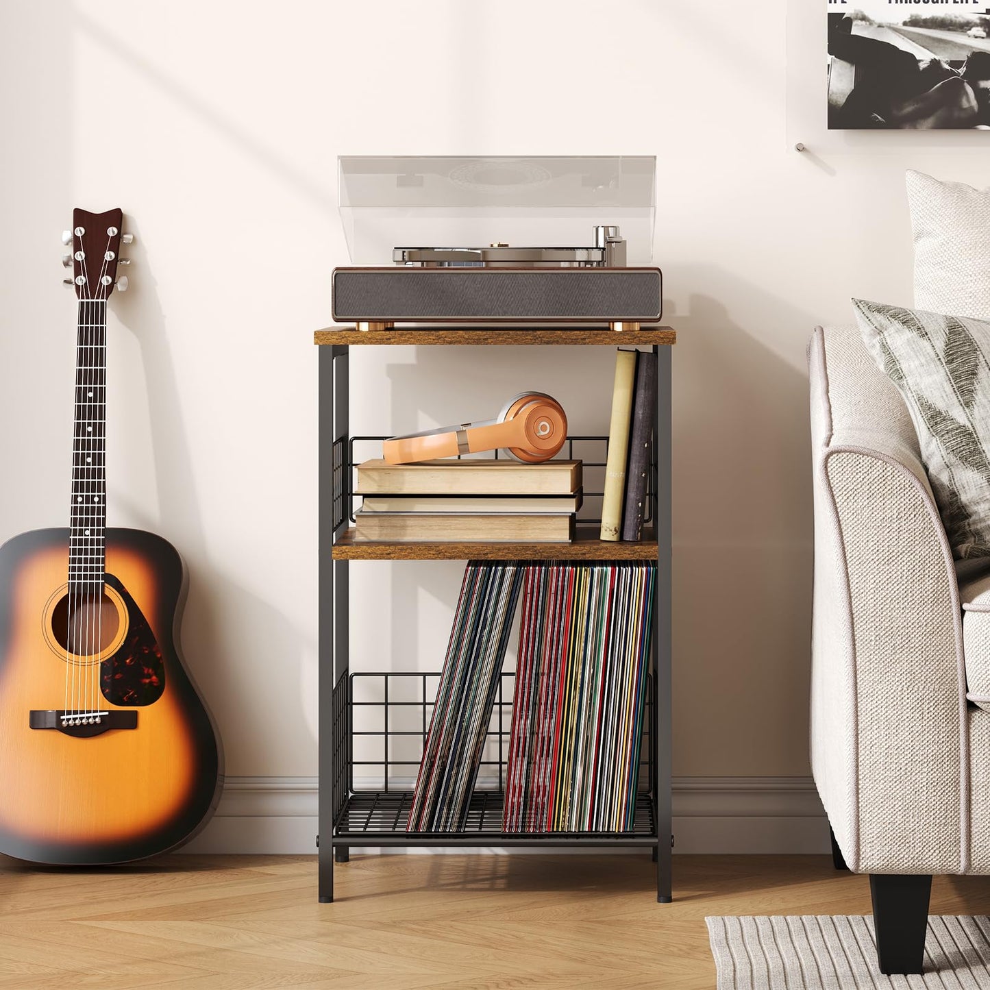 X-cosrack Side Table, Small End Table Record Player Stand with Storage, Vinyl Record Storage Night Stand for Living Room, Bedroom,Office(Patent Pending)(Rustic Brown & Black)