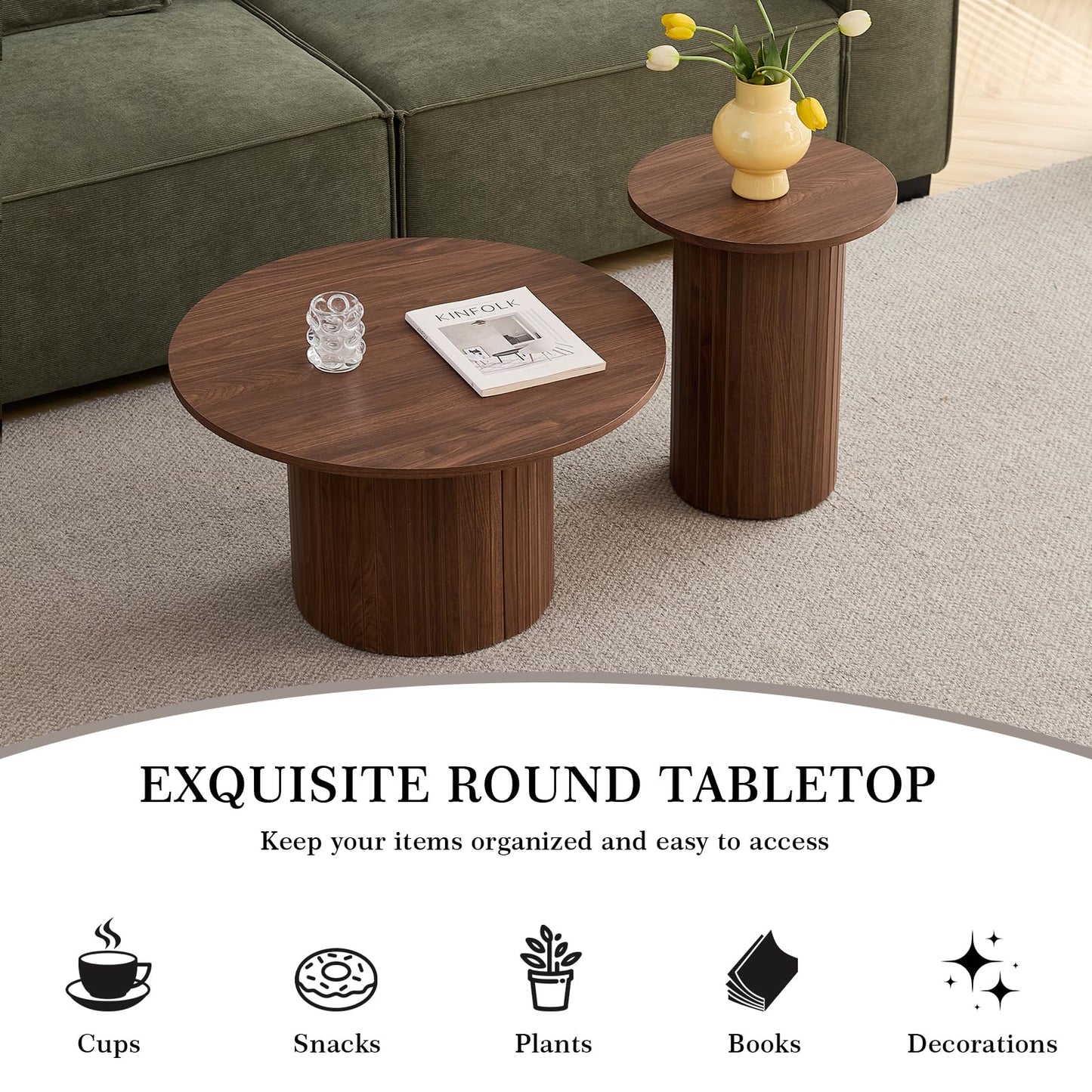 iQunLeo Small Round Coffee Table Set of 2, Wood Finish Nesting Coffee Tables, Boho Circle Side Table for Living Room (φ27.6 Large Short + φ15.8 Small Tall)