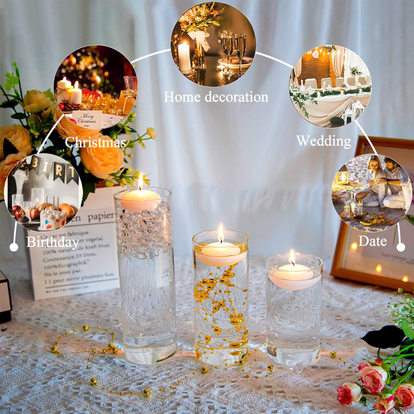 UDU 12 Set Glass Cylinder Vases for Centerpieces with 80000 Vase Filler 24 White Floating Candles 6 Pearl String for Wedding Party Home Table Decoration