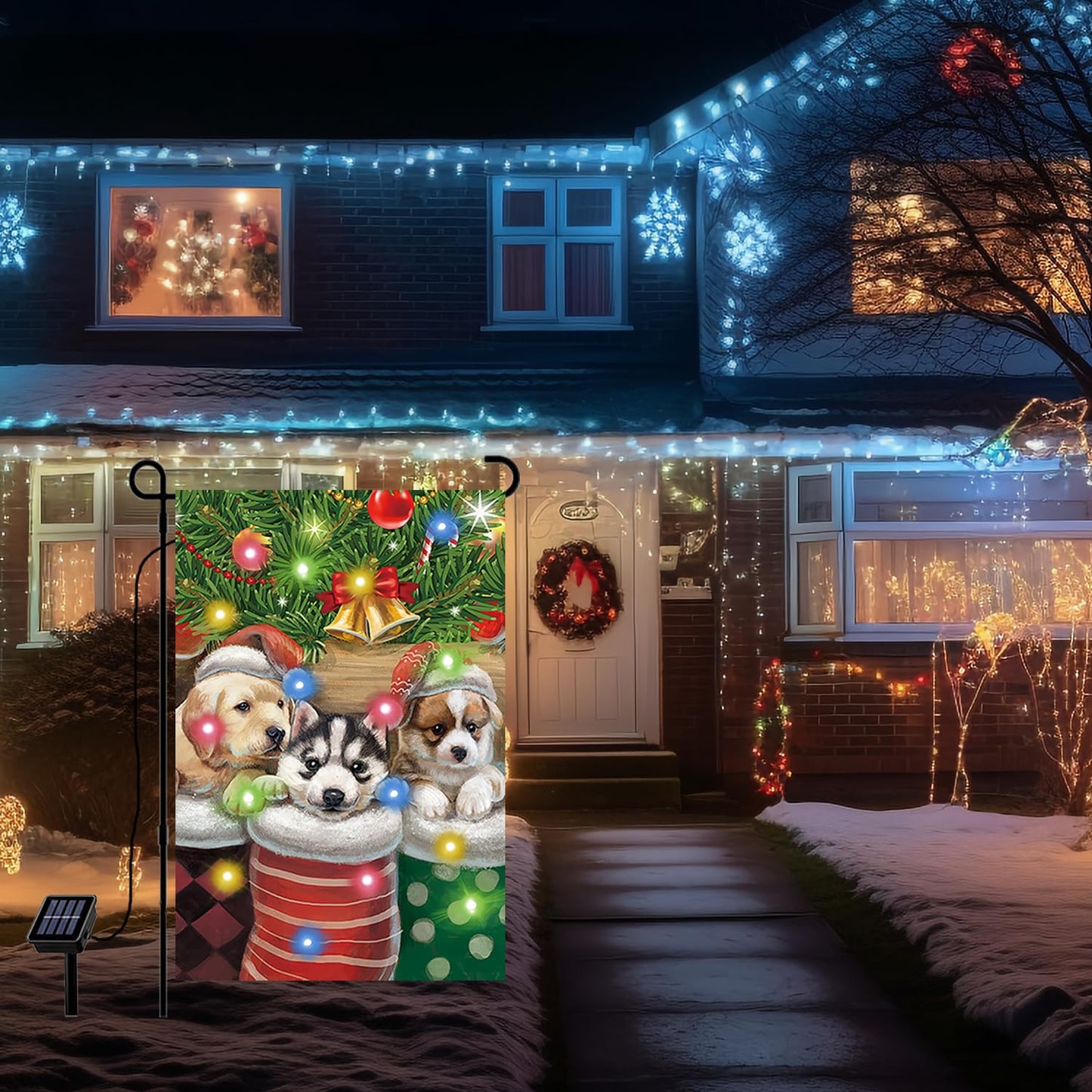 Merry Christmas Cute Cat Kitty doggy Garden Flag Decor, Winter Yard Flag Outdoor with Led String Lights, 12x18 Double-Sided House Flags for Farmhouse Outdoor Decoration