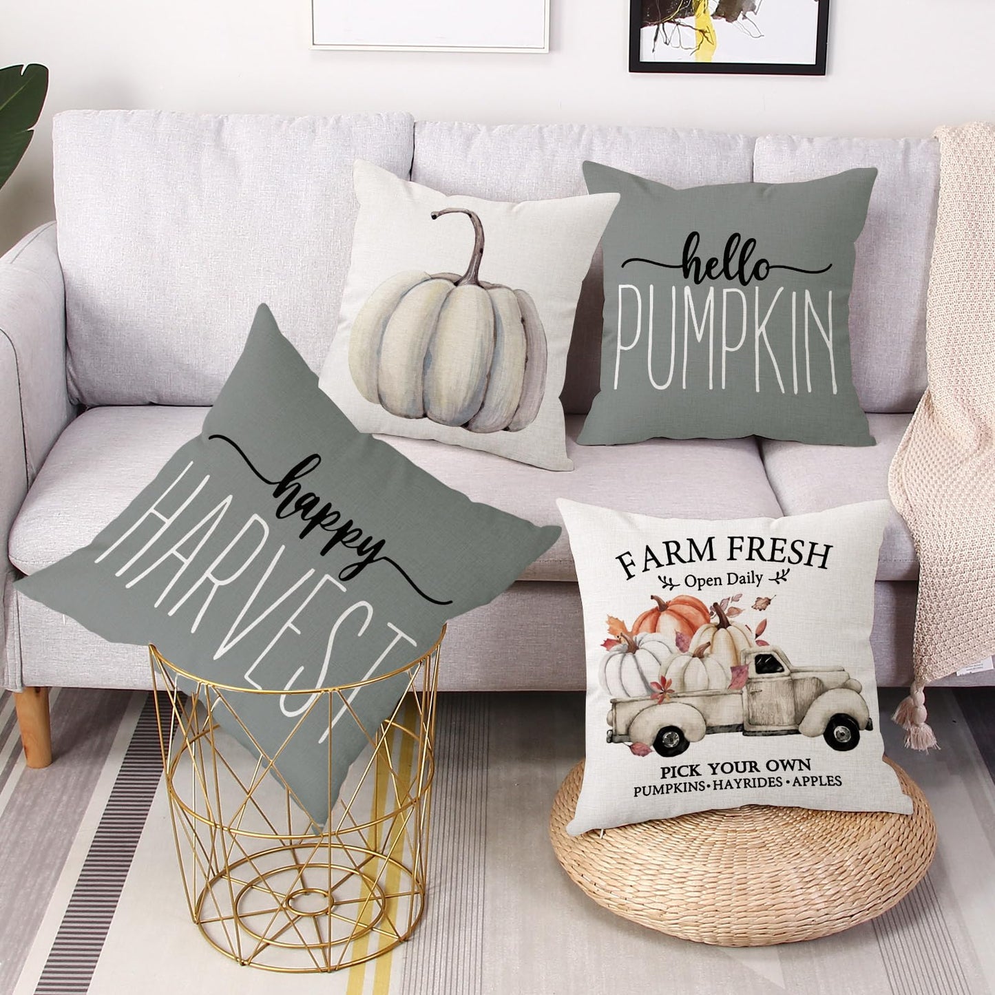 Gujiahone Fall Throw Pillow Covers 18x18 Inches Set of 4 for Fall Decor Gray Pumpkin Truck Happy Harvest Farmhouse Decorative Thanksgiving Autumn Cushion Covers for Sofa Couch