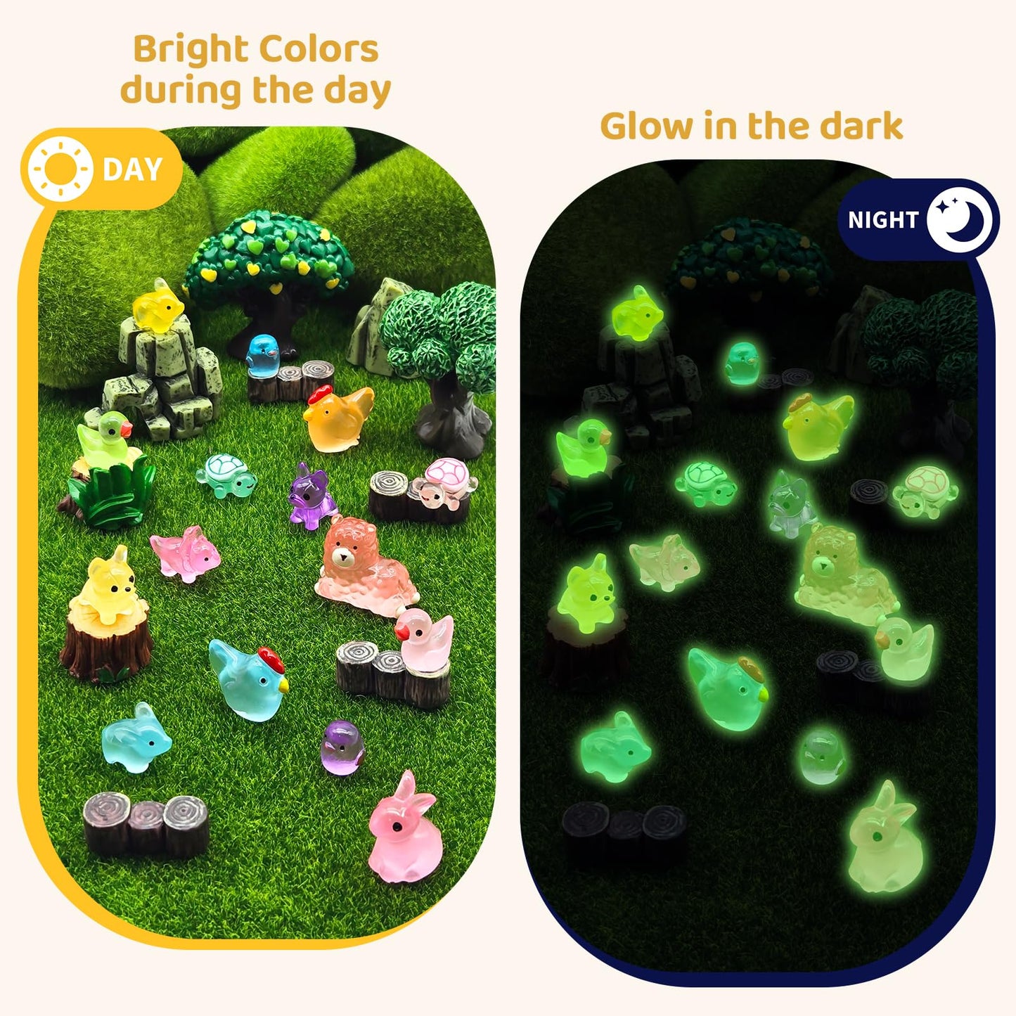 120PCS Luminous Mini Resin Animals Tiny Animals Figures to Hide, Mini Ducks Chicken Rabbits Glow in The Dark Miniature Fairy Garden Accessories, Landscape Dollhouse Decor Aquarium Potted Decoration