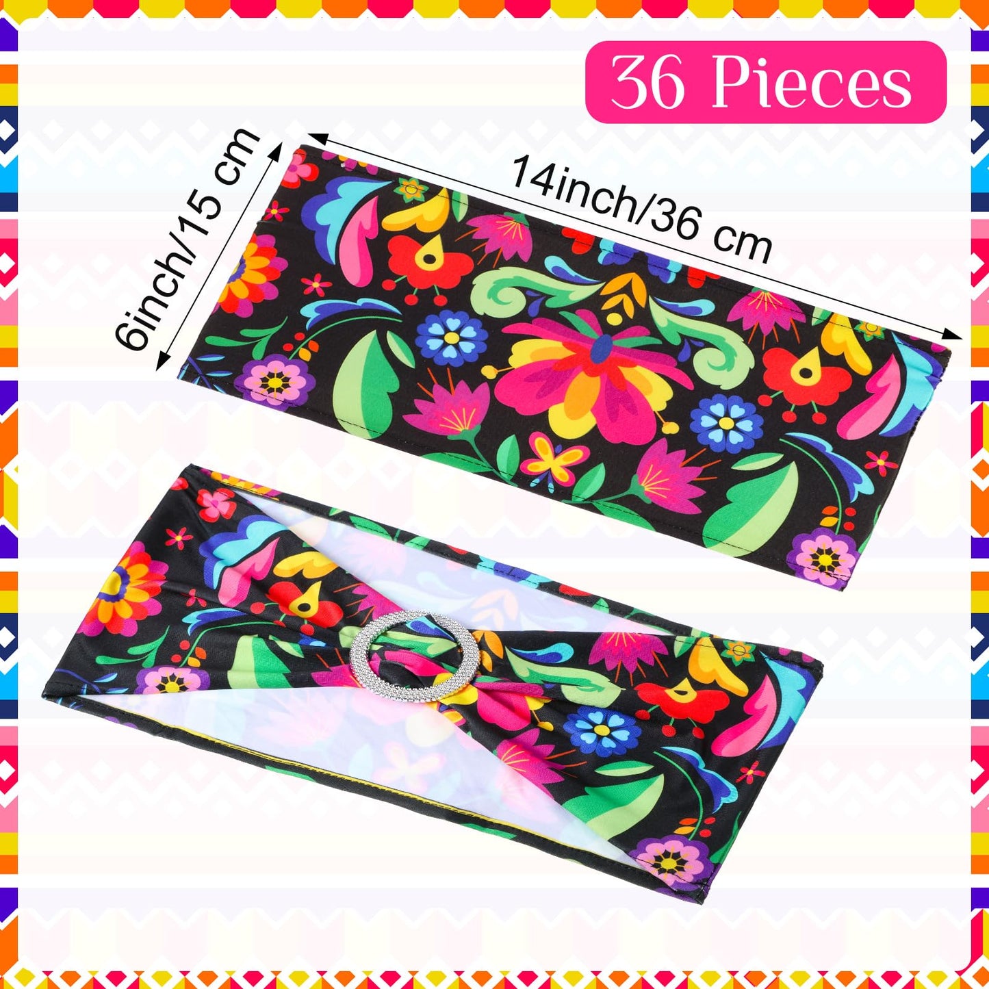Newwiee 36 Pcs Mexican Theme Stretch Chair Sashes Bands with Buckle Mexican Chair Decorations Elastic Chair Bows for Folding Chairs Wedding Cinco De Mayo Event Fiesta Party Birthday Banquet