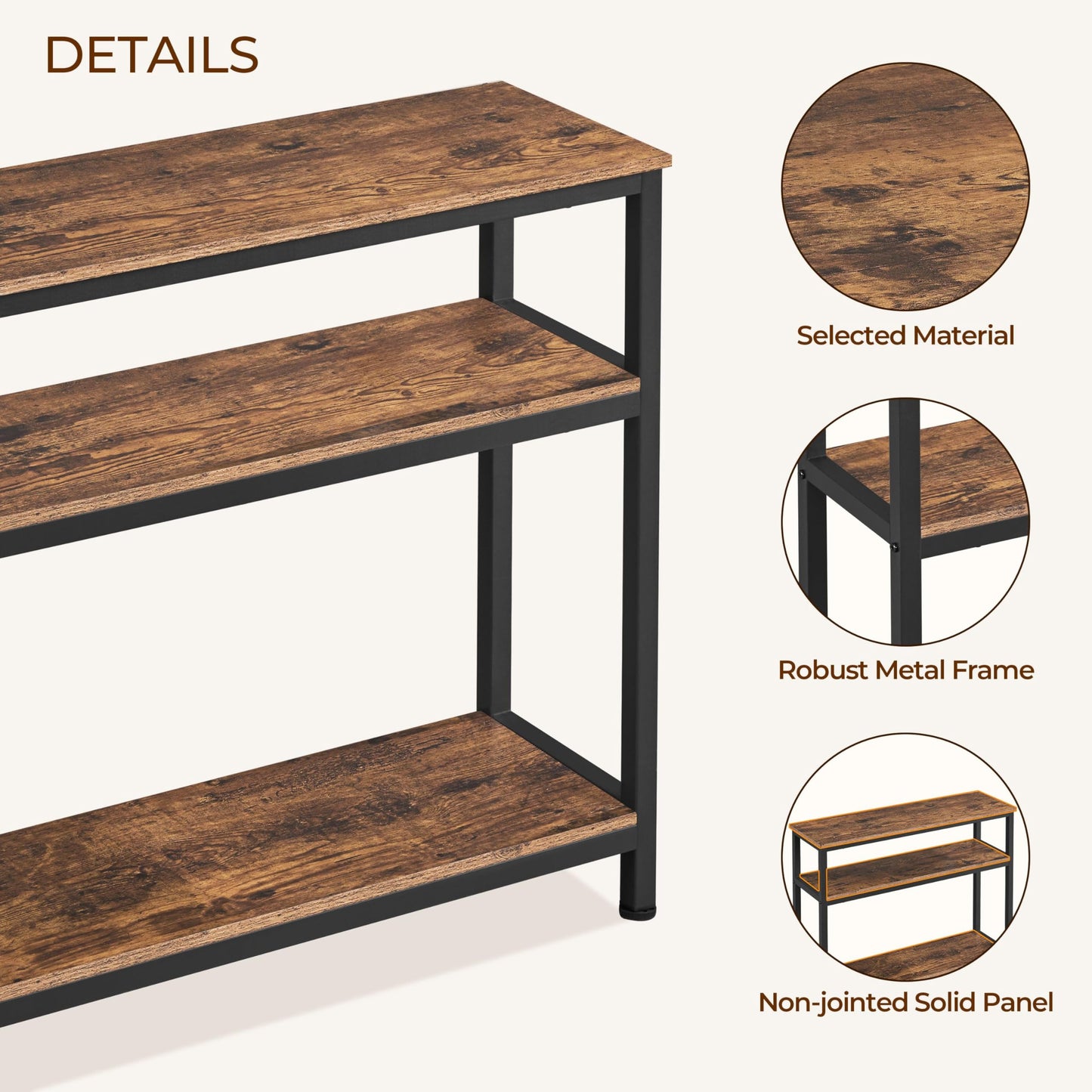 Yaheetech Industrial Console Table, 3 Tier Entryway Table with Storage Shelves, Narrow Sofa Tables for Living Room, Foyer, Hallway, Entrance, Metal Frame, Rustic Brown