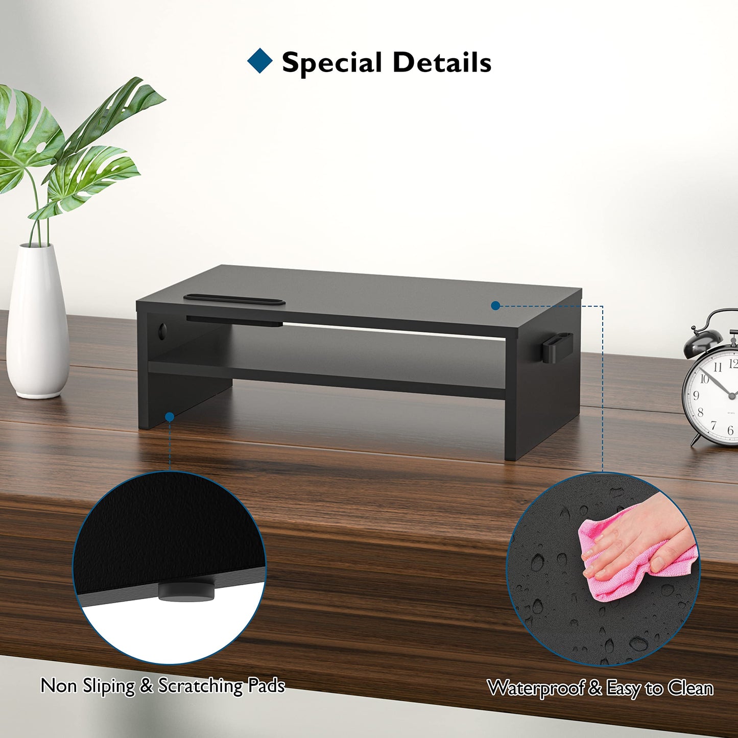 BONTEC Wooden Monitor Stand Riser, 2-Tier Desk Shelf with Storage Organizer, Ergonomic Computer Stand with Cable Management, Cellphone Holder, Black, 16.5 Inch