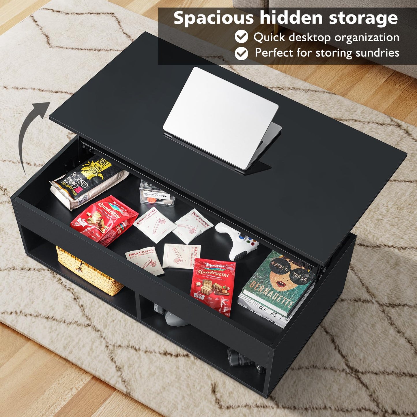 LED Coffee Table Black Lift Top Coffee Table with Storage Modern Tea Table with Hidden Compartment Lift Up Dining Center Table with LED Light for Living Room Home Office