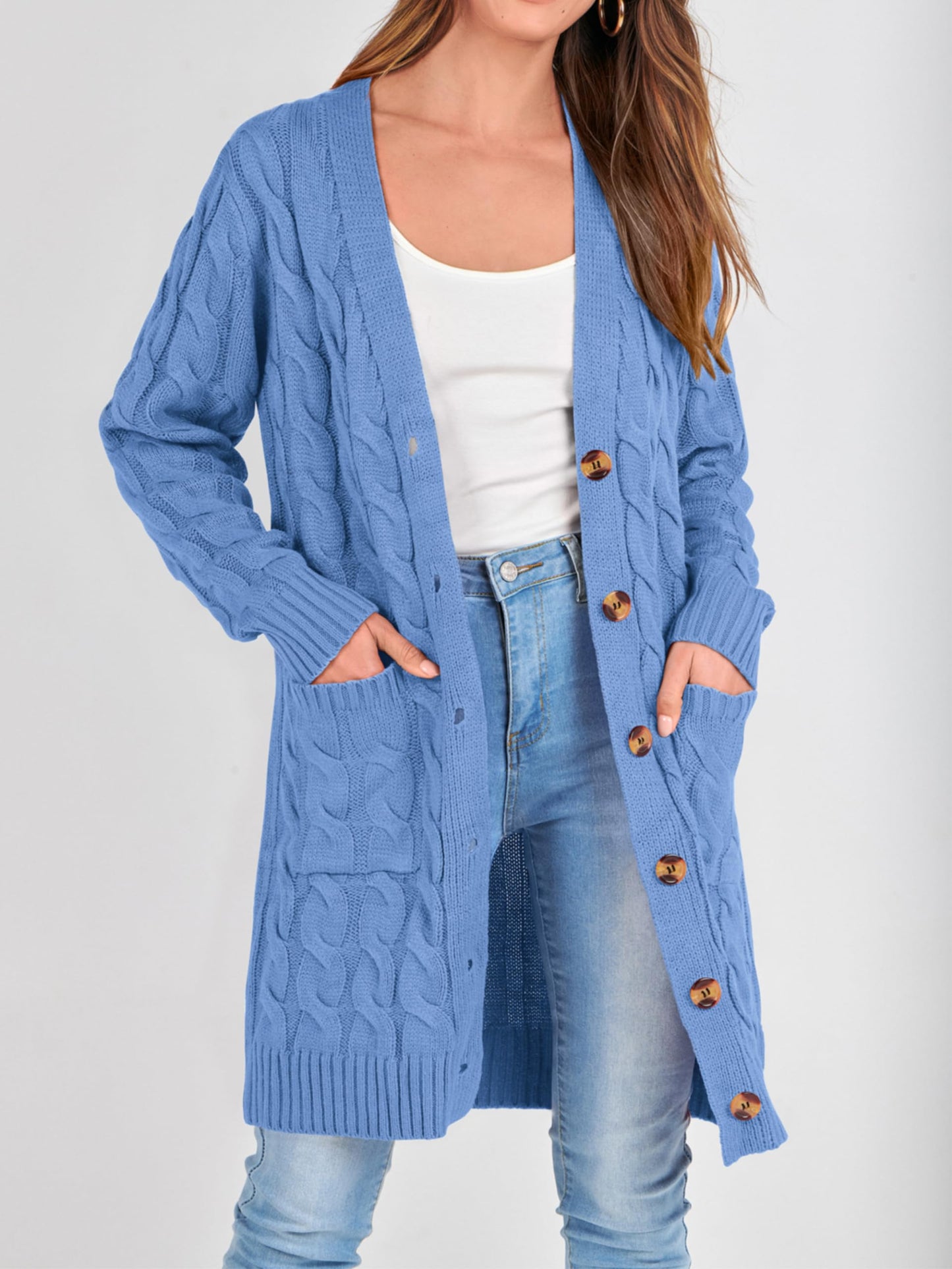 PRETTYGARDEN Long Sleeve Cable Knit Long Cardigan for Women 2025 Fall Winter Chunky Open Front Button Sweaters with Pockets (Sky Blue, X-Large)