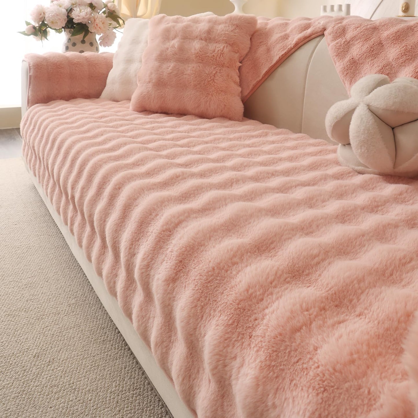 Aucrovee Soft Plush Faux Fur Couch Cover, Thick Warm Fuzzy Sectional Sofa Covers for 3 Cushion Couch Sofa L Sharped Sofa Non Slip Slipcover, Furniture Protector Covers for Pets(1 PCS 36"x68" Pink)