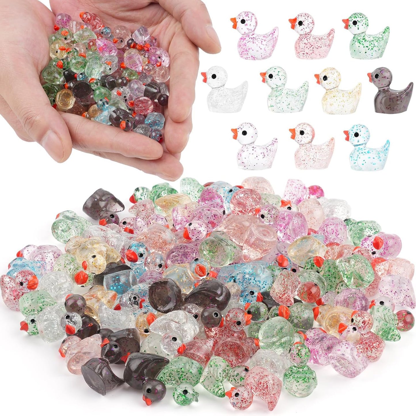 YsesoAi 100Pcs Glitter Mini Resin Ducks, Tiny Ducks Figurines Bulk for Miniature Dollhouse Decor Accessories Garden Aquarium Potted DIY Ornament Charms Office Classroom Activity to Hide Party Toys