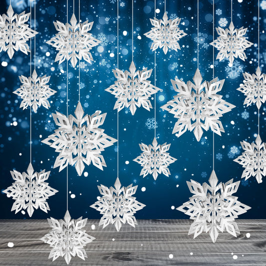 36PCS Christmas Snowflake Decorations, 3D Large Silver Paper Snowflakes Garland Hanging Snow Flakes for Winter Wonderland Christmas Party Decorations Holiday New Year Home Decor, Silver