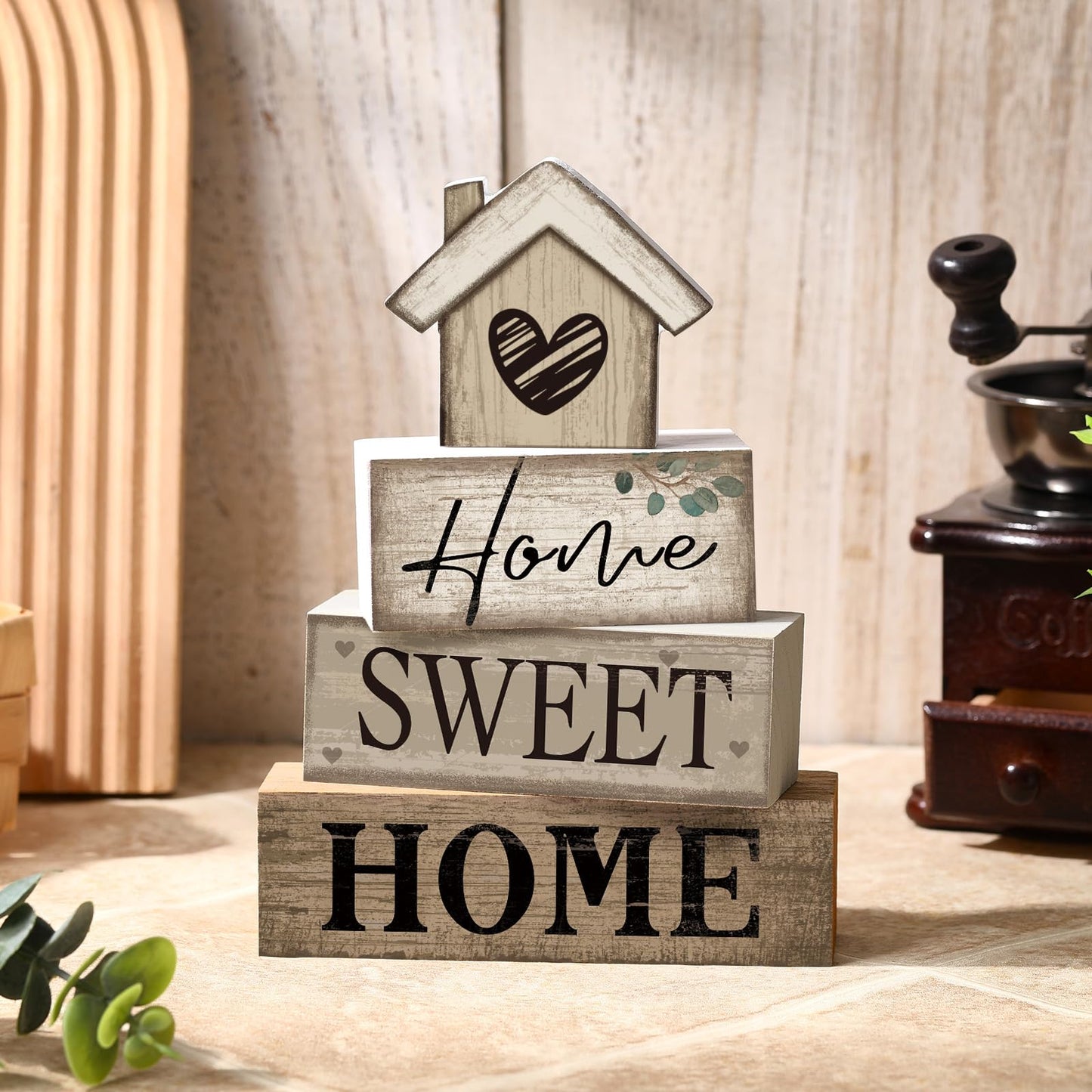 Moucuny 4 Pcs Wooden Farmhouse Tabletop Decor Rustic Home Tiered Tray Decor Decorative Highland Cow Home Eucalyptus Block Signs Gift Farmhouse Table Decoration for Kitchen Shelf(House)