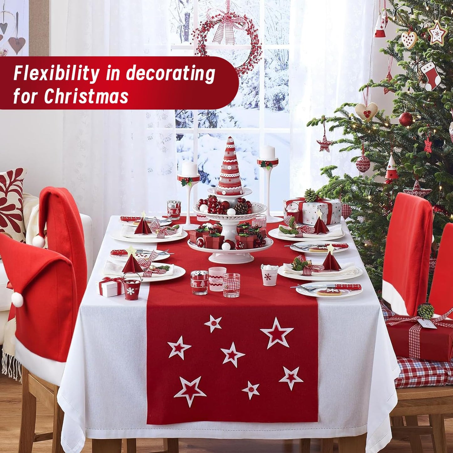 Poxtedsr Red Hat Dining Chair Slipcovers 4pcs, Christmas Chair Covers Set, Kitchen Chair Cover Xmas Indoor Decor Ornaments Set for Christmas Holiday Festival Decoration